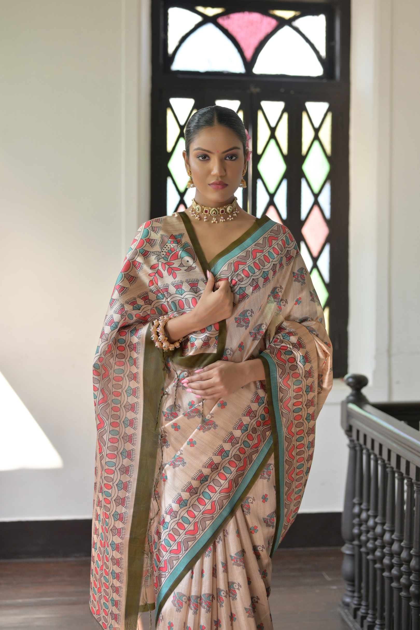 Beige Mehendi Madhubani Printed Tussar Silk Saree — alternate view