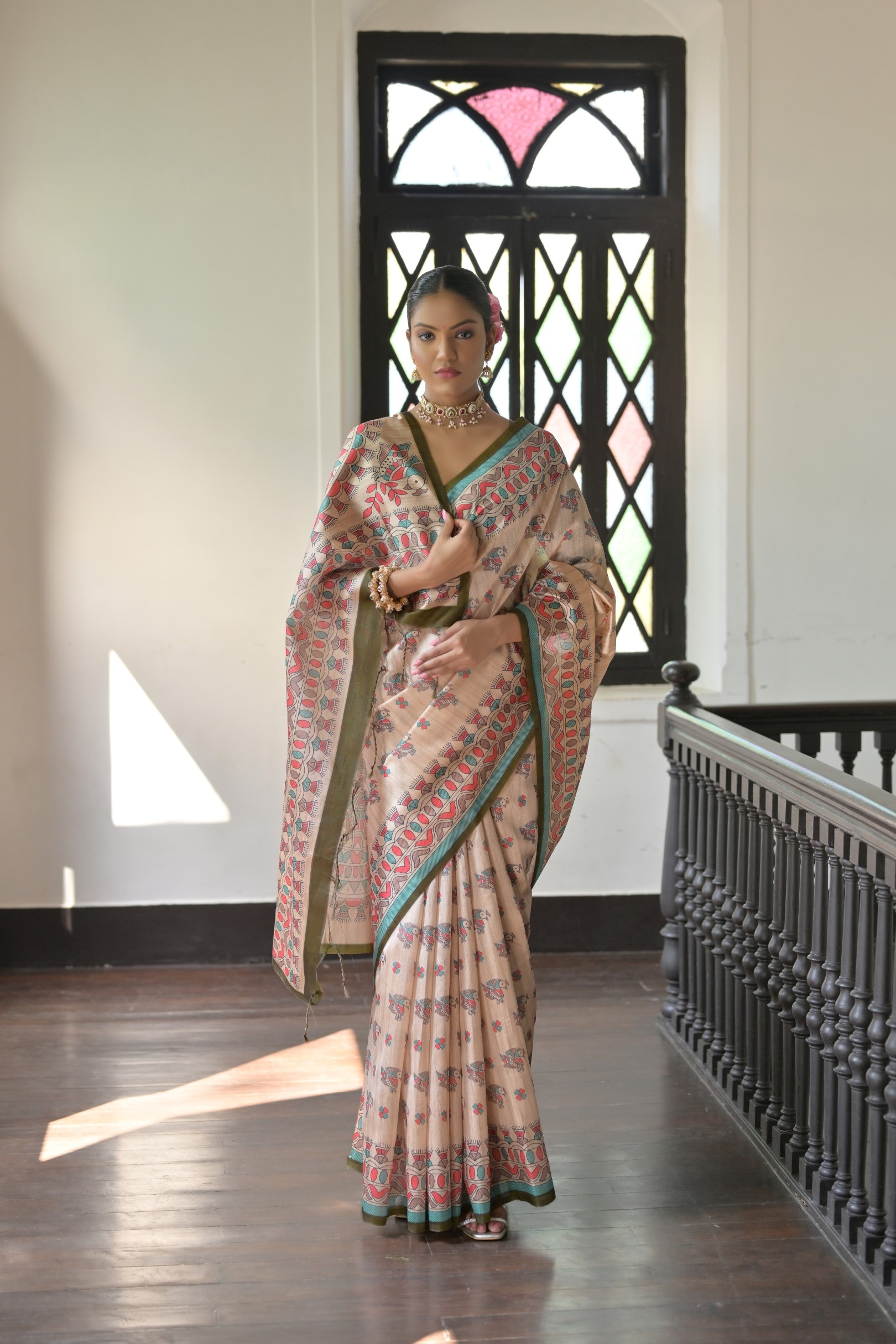 Beige Mehendi Madhubani Printed Tussar Silk Saree