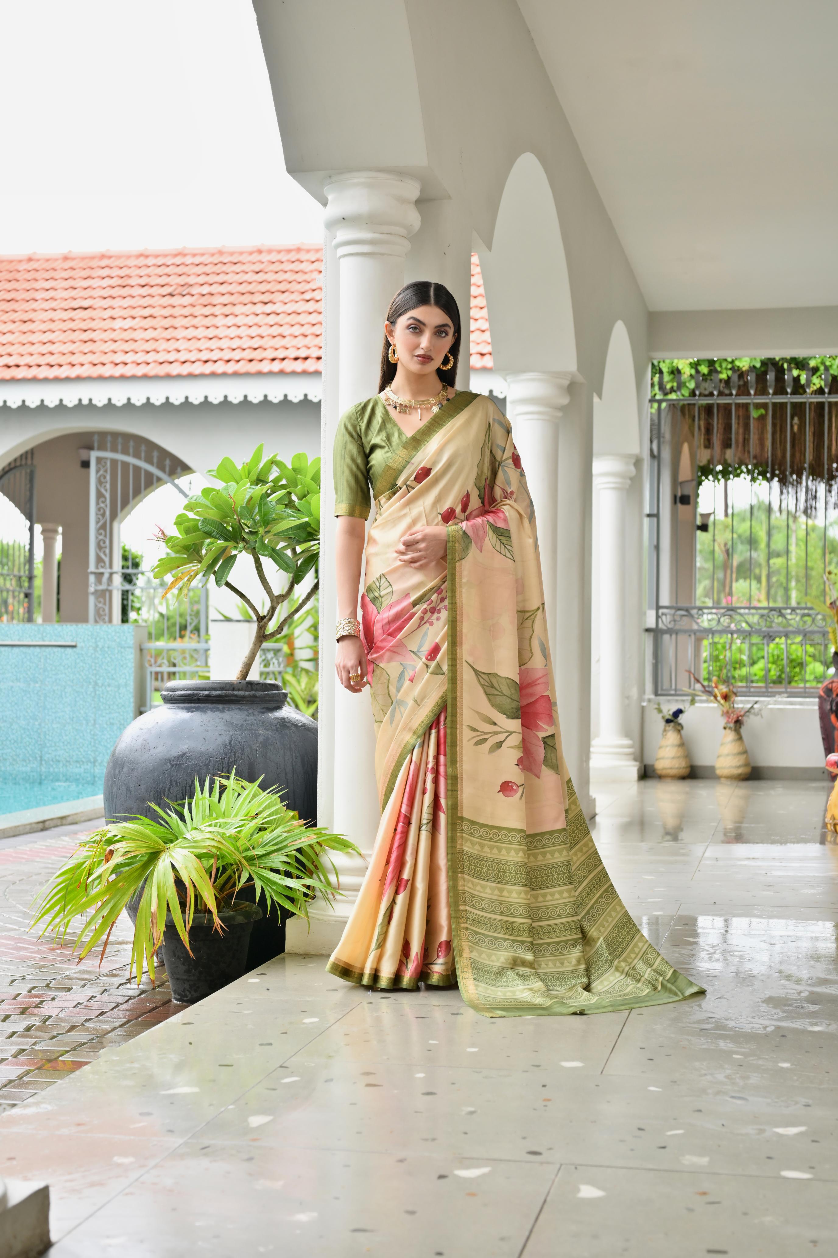 Beige Mehendi Printed Woven Satin Silk Saree