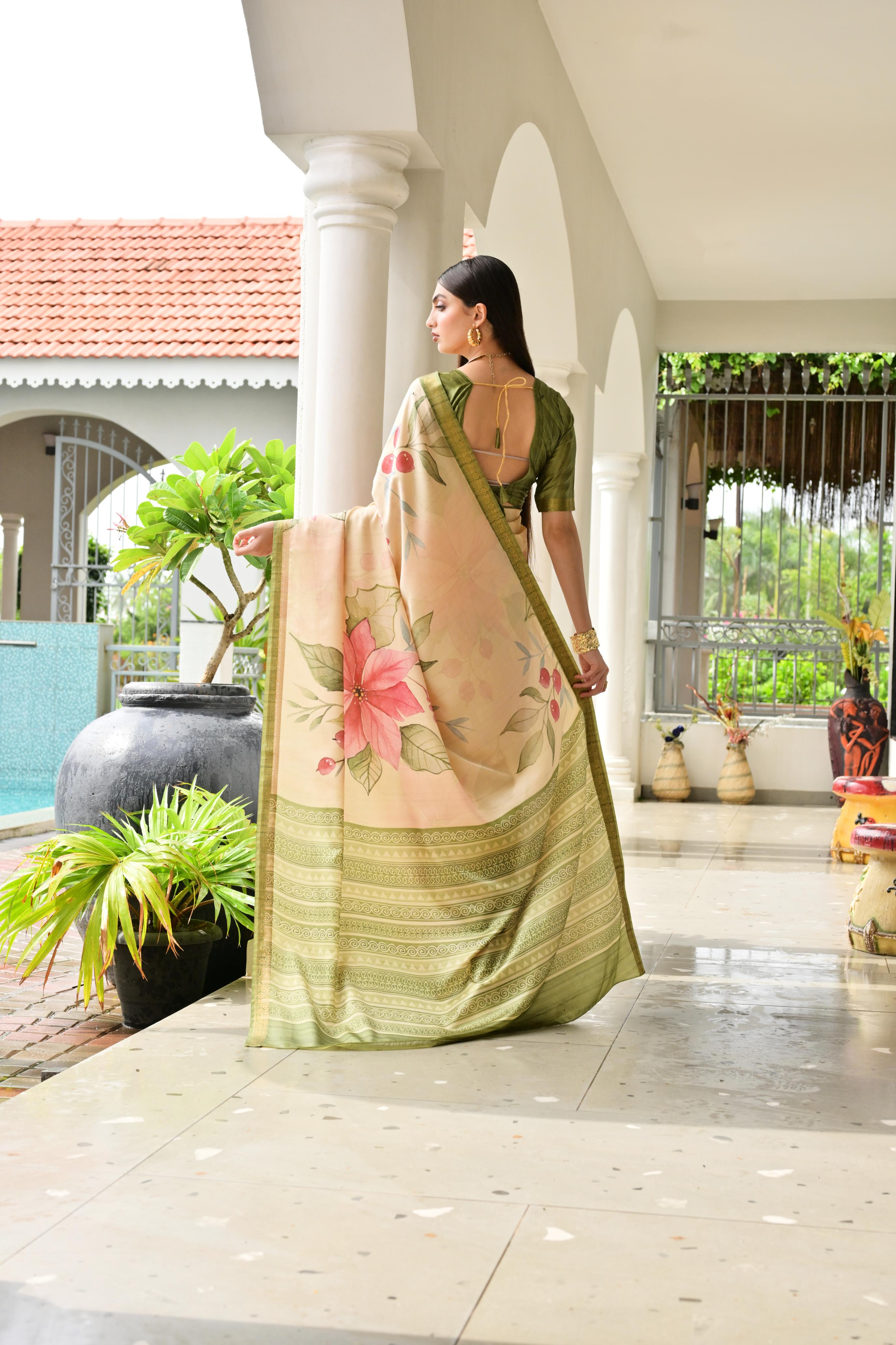 Beige Mehendi Printed Woven Satin Silk Saree — alternate view