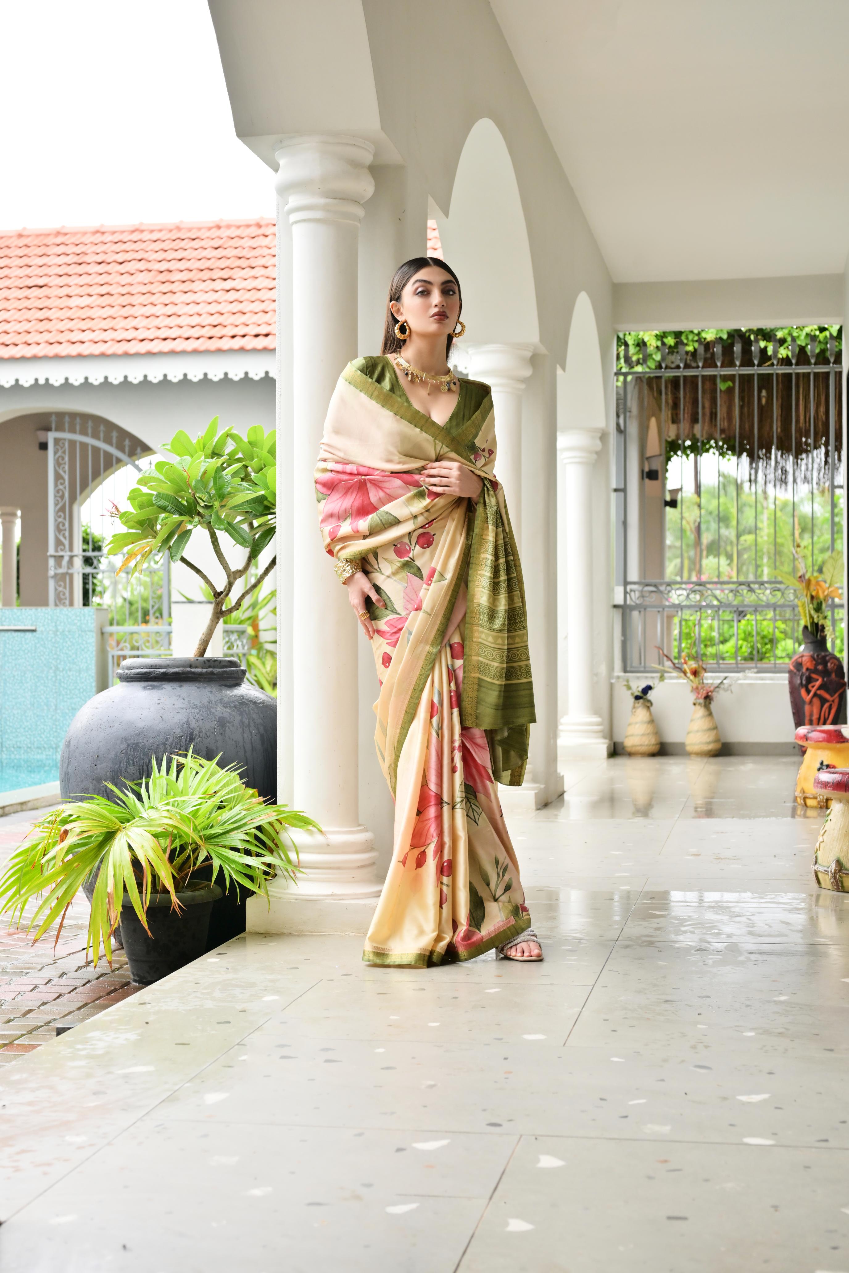 Beige Mehendi Printed Woven Satin Silk Saree