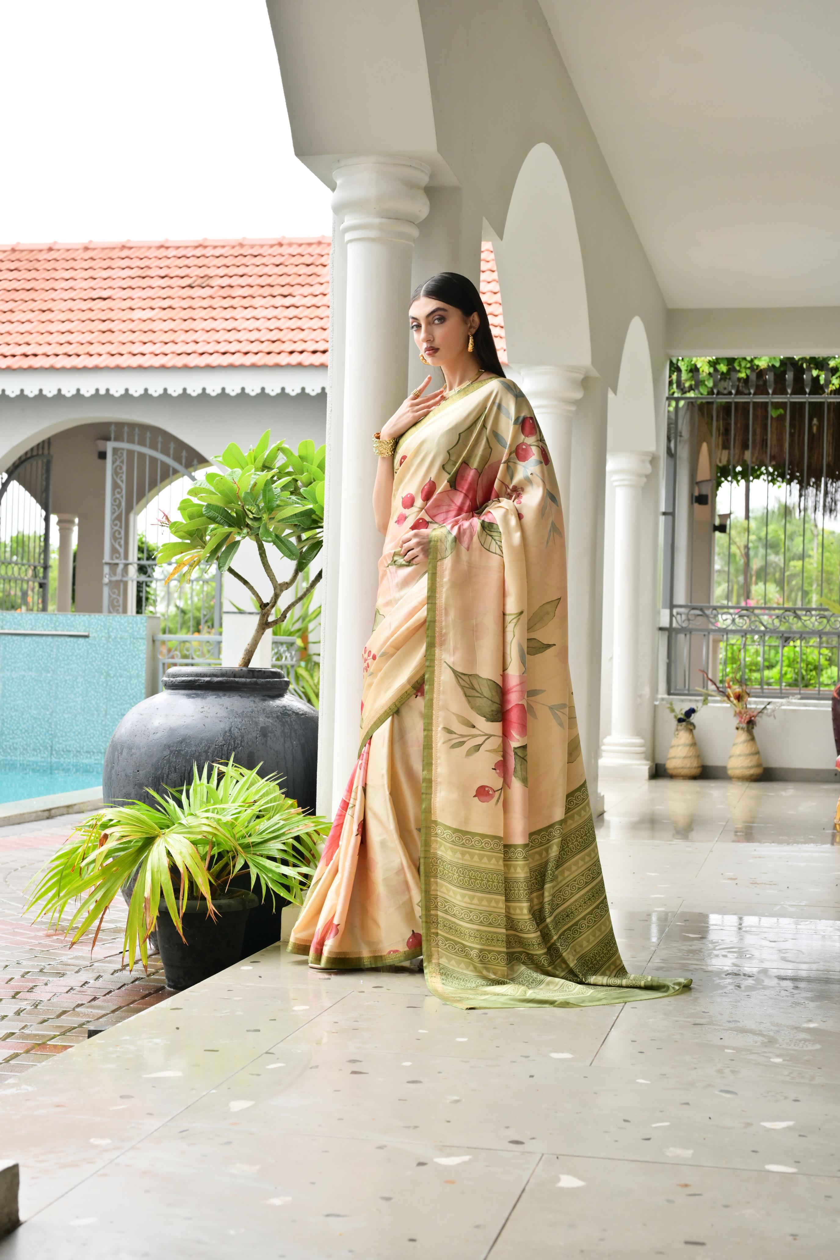 Beige Mehendi Printed Woven Satin Silk Saree