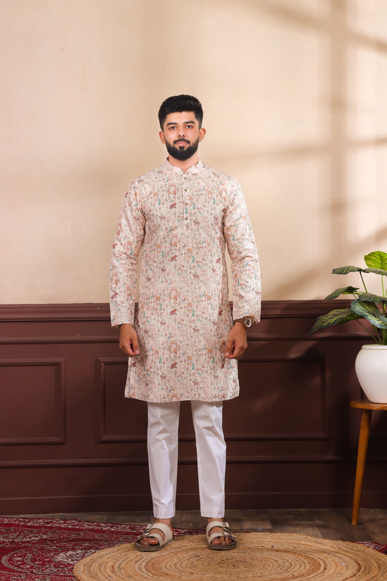 Beige Mughal Woven Cotton Art Silk Kurta Pyjama