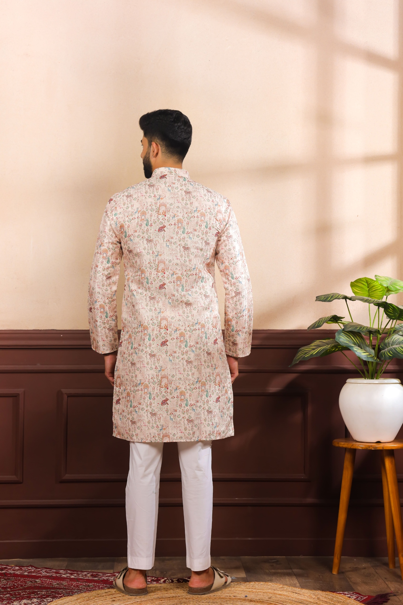 Beige Mughal Woven Cotton Art Silk Kurta Pyjama — alternate view