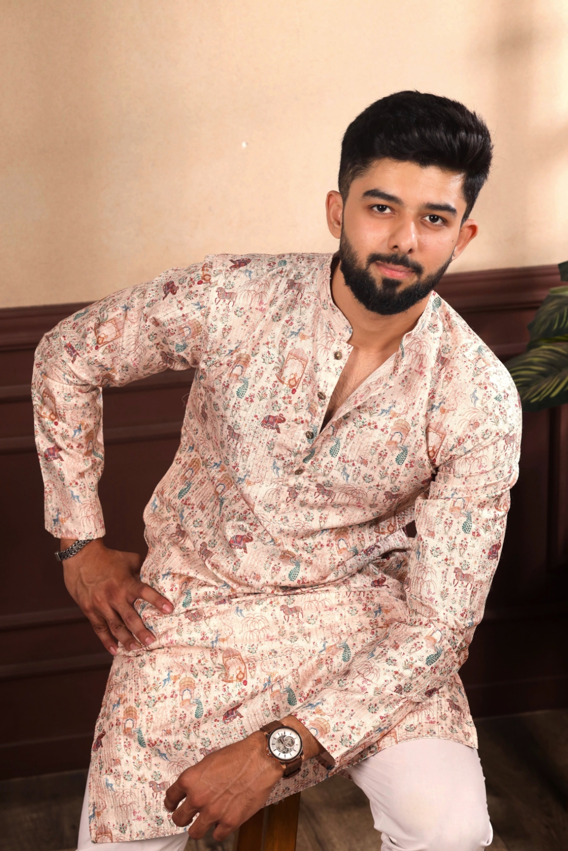 Beige Mughal Woven Cotton Art Silk Kurta Pyjama