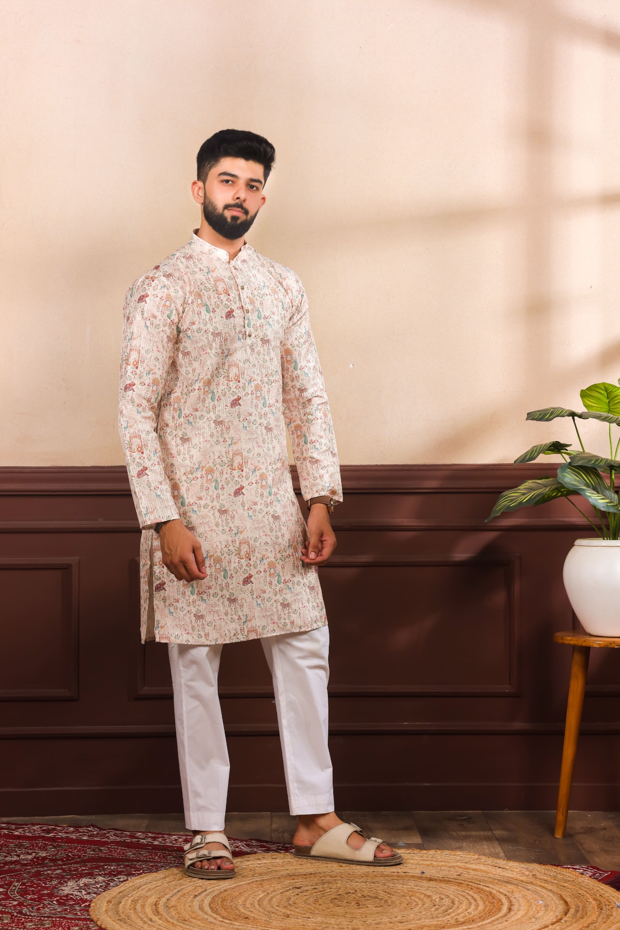 Beige Mughal Woven Cotton Art Silk Kurta Pyjama