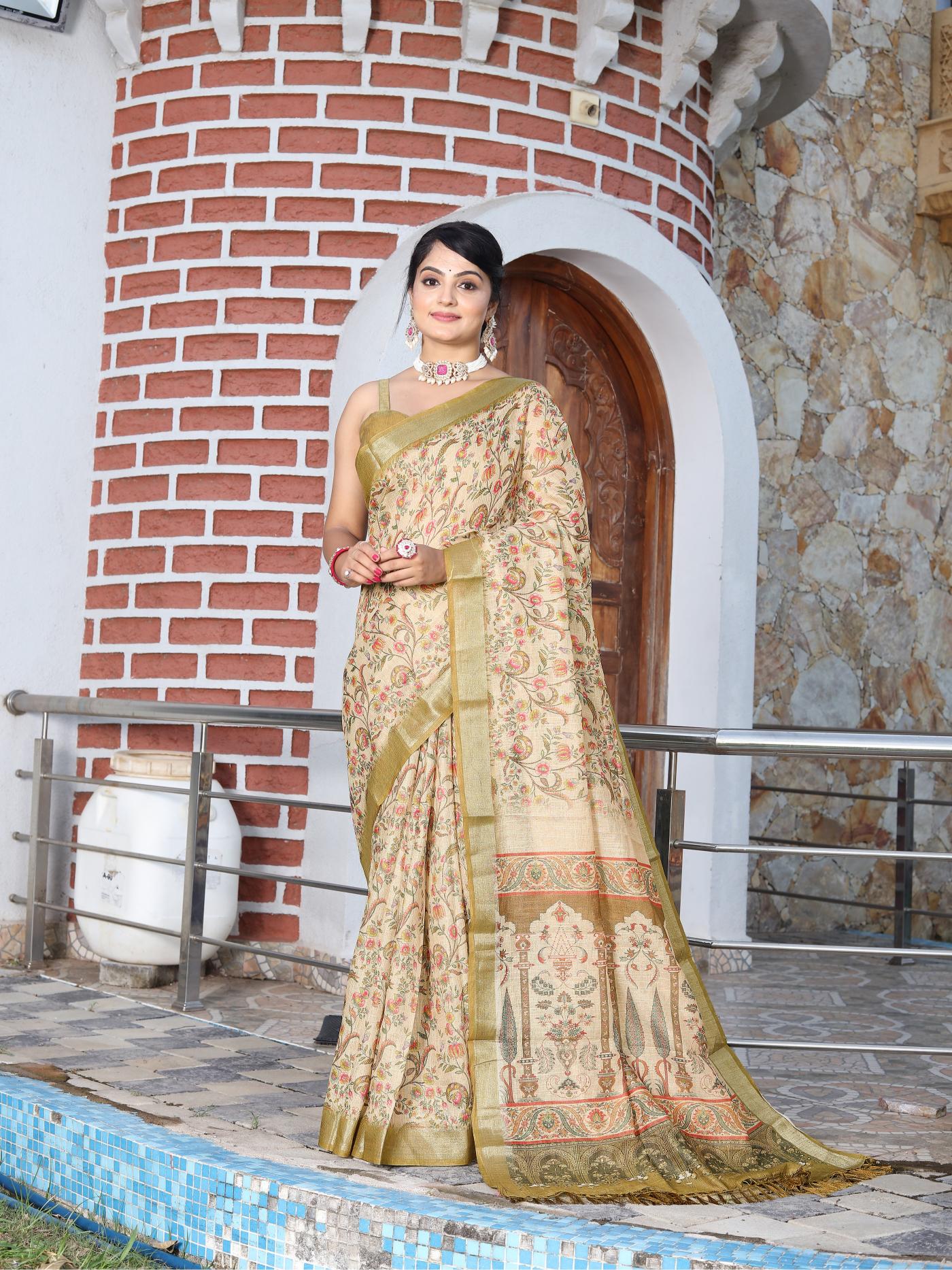 Beige Mustard Cotton Shimmer Saree
