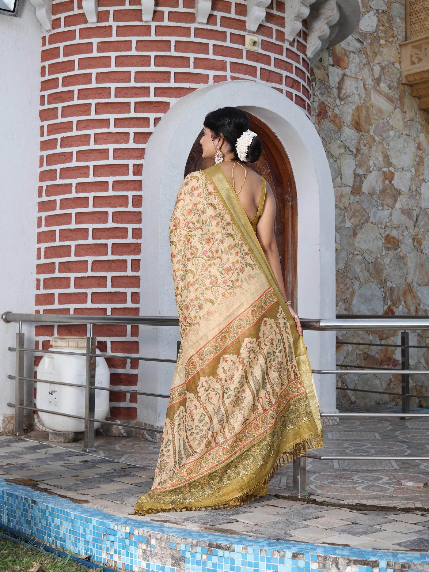 Beige Mustard Cotton Shimmer Saree — alternate view