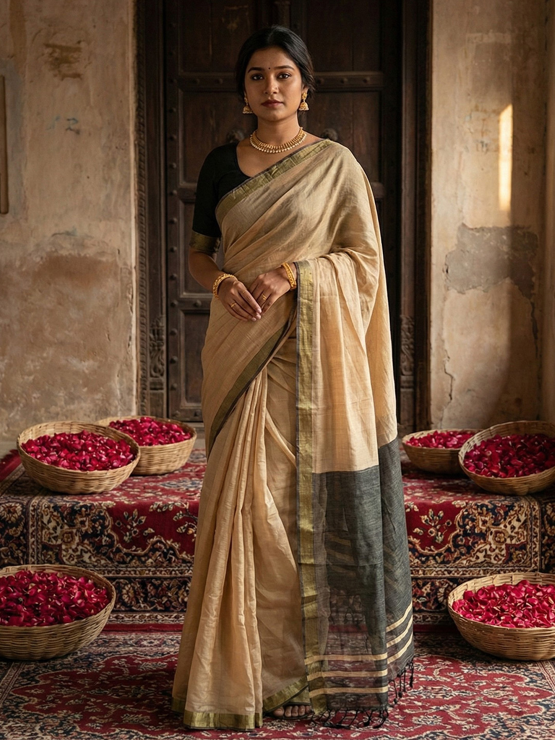Beige N Black Woven Designer Cotton Saree