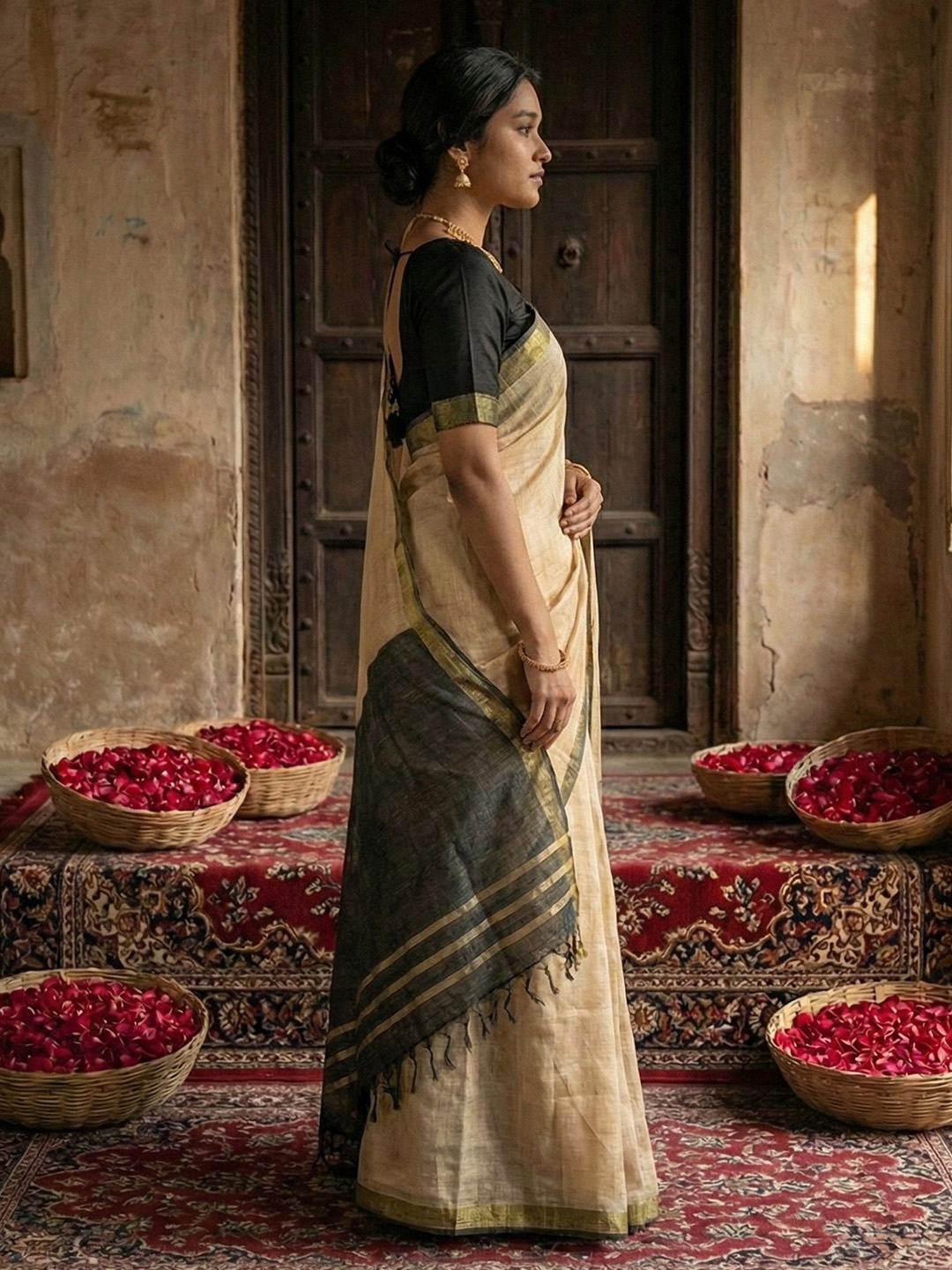Beige N Black Woven Designer Cotton Saree — alternate view