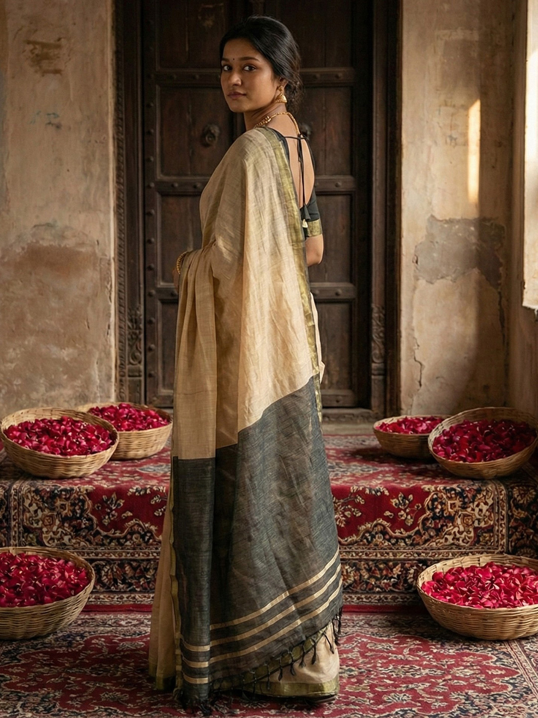 Beige N Black Woven Designer Cotton Saree