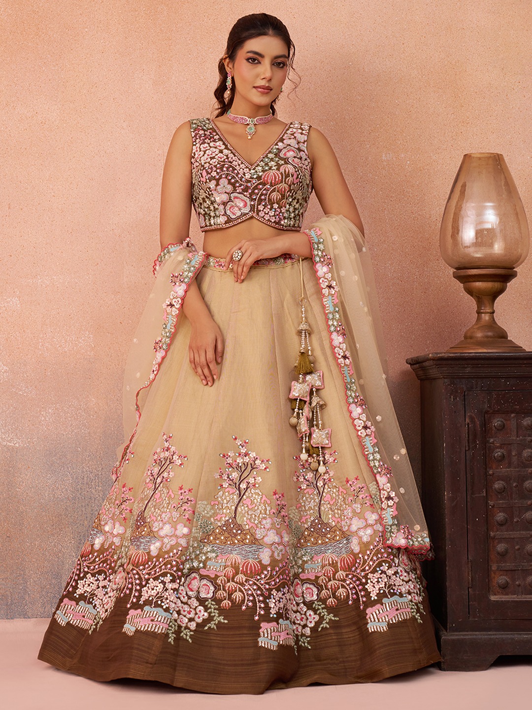 Beige Net Designer Sequins Lehenga Choli