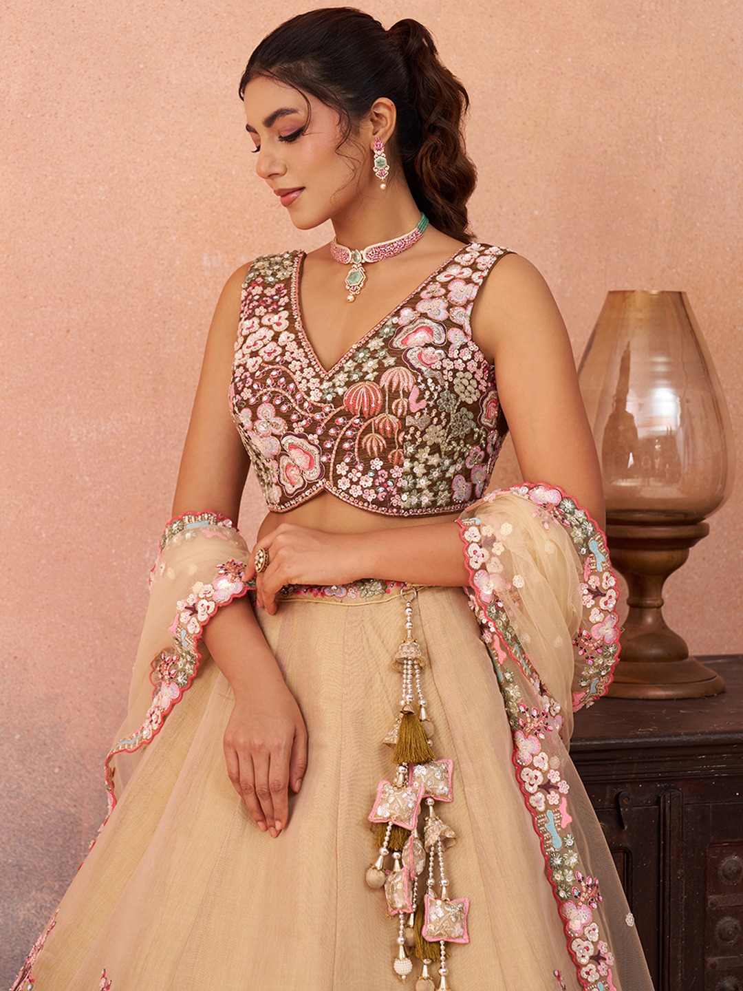 Beige Net Designer Sequins Lehenga Choli