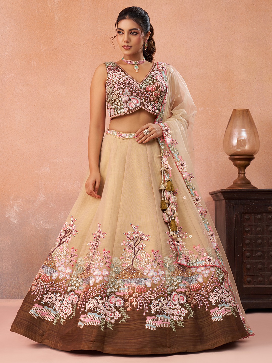 Beige Net Designer Sequins Lehenga Choli