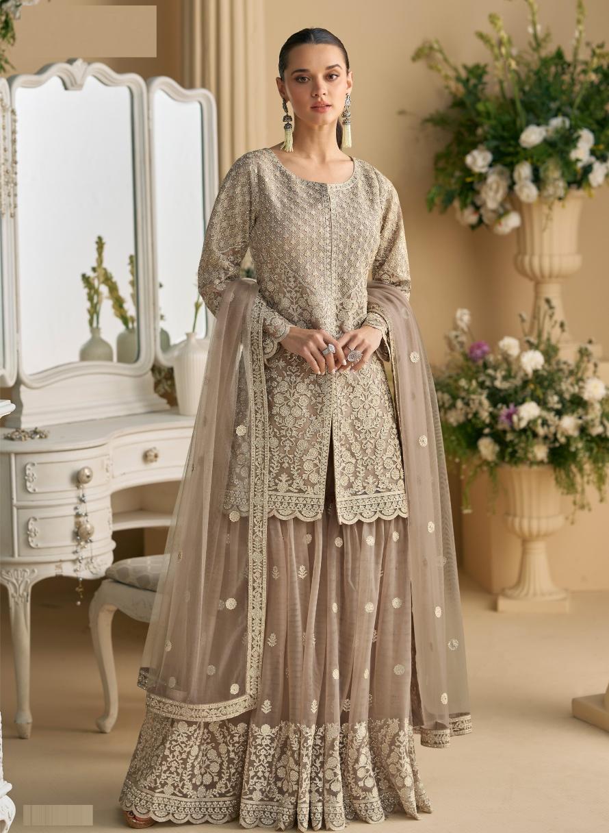 Beige Net Embroidered Palazzo Suit