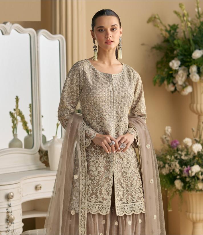 Beige Net Embroidered Palazzo Suit — alternate view