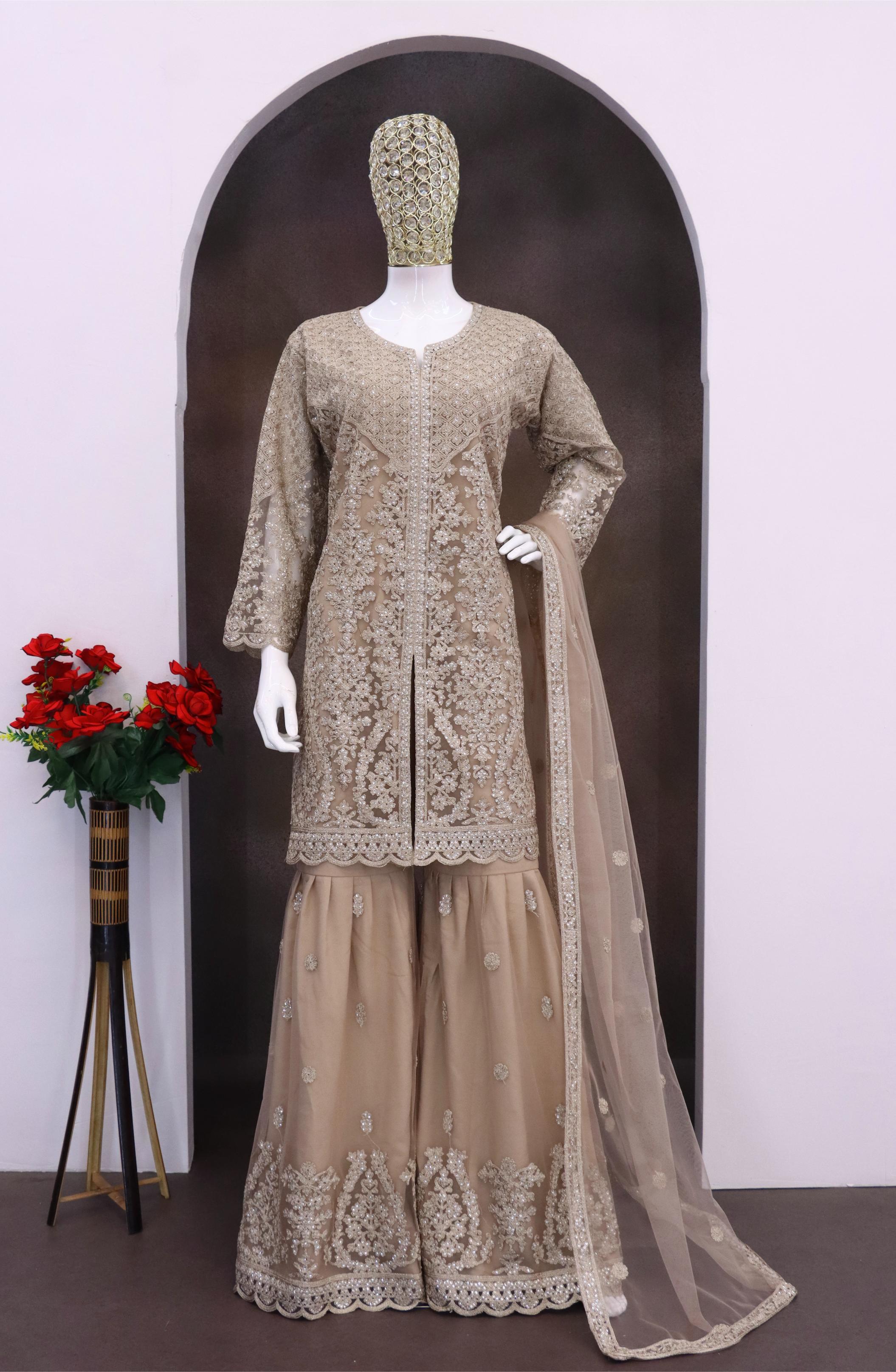 Beige Net Embroidered Palazzo Suit
