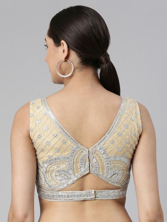 Beige Net Heavy Embroidery Readymade Blouse — alternate view
