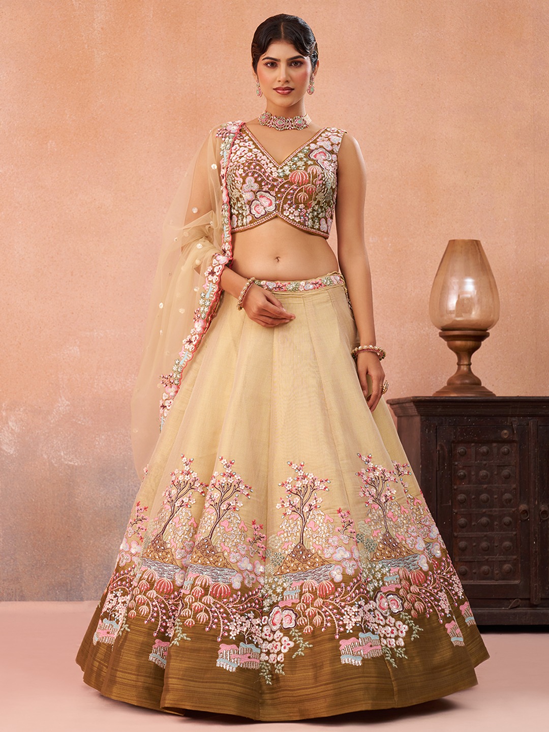 Beige Net Olive Designer Sequins Lehenga Choli