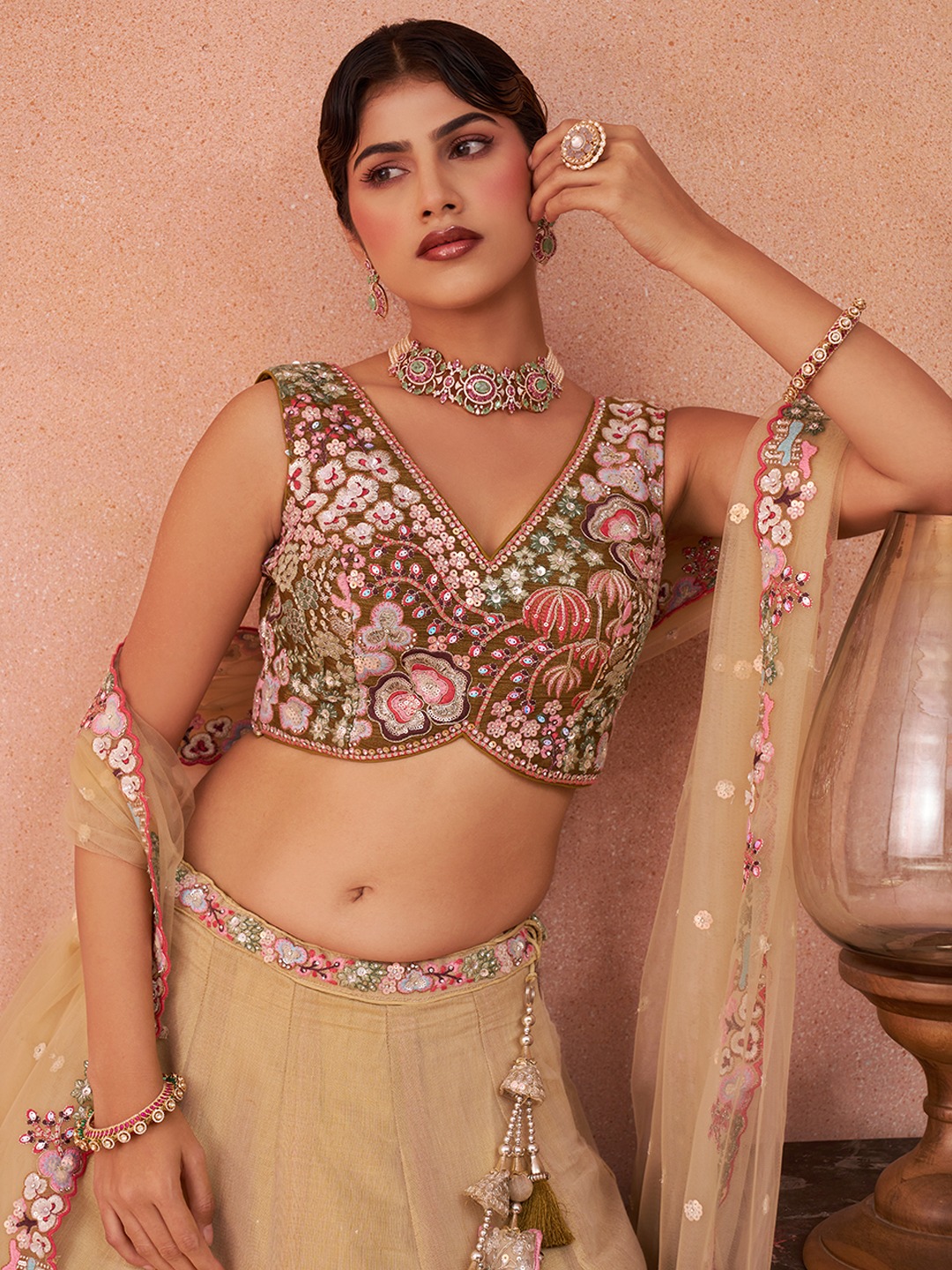 Beige Net Olive Designer Sequins Lehenga Choli