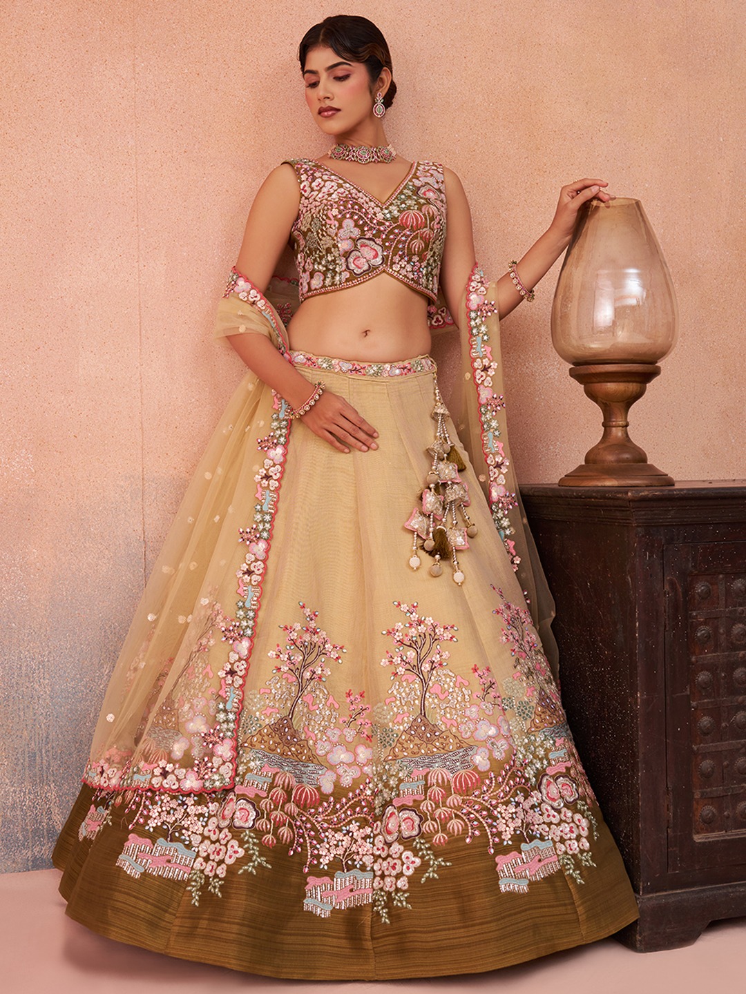 Beige Net Olive Designer Sequins Lehenga Choli