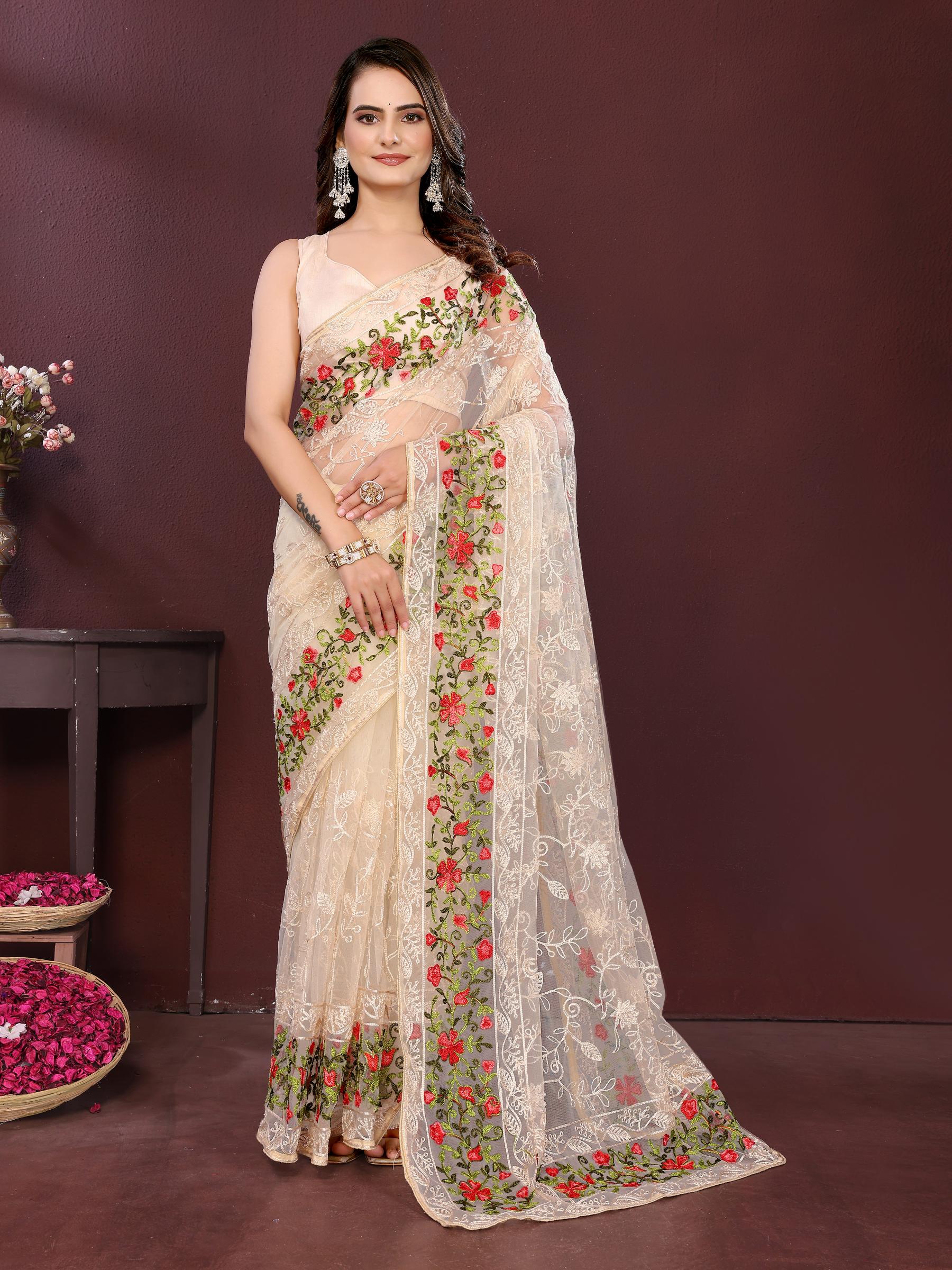 Beige Net Saree