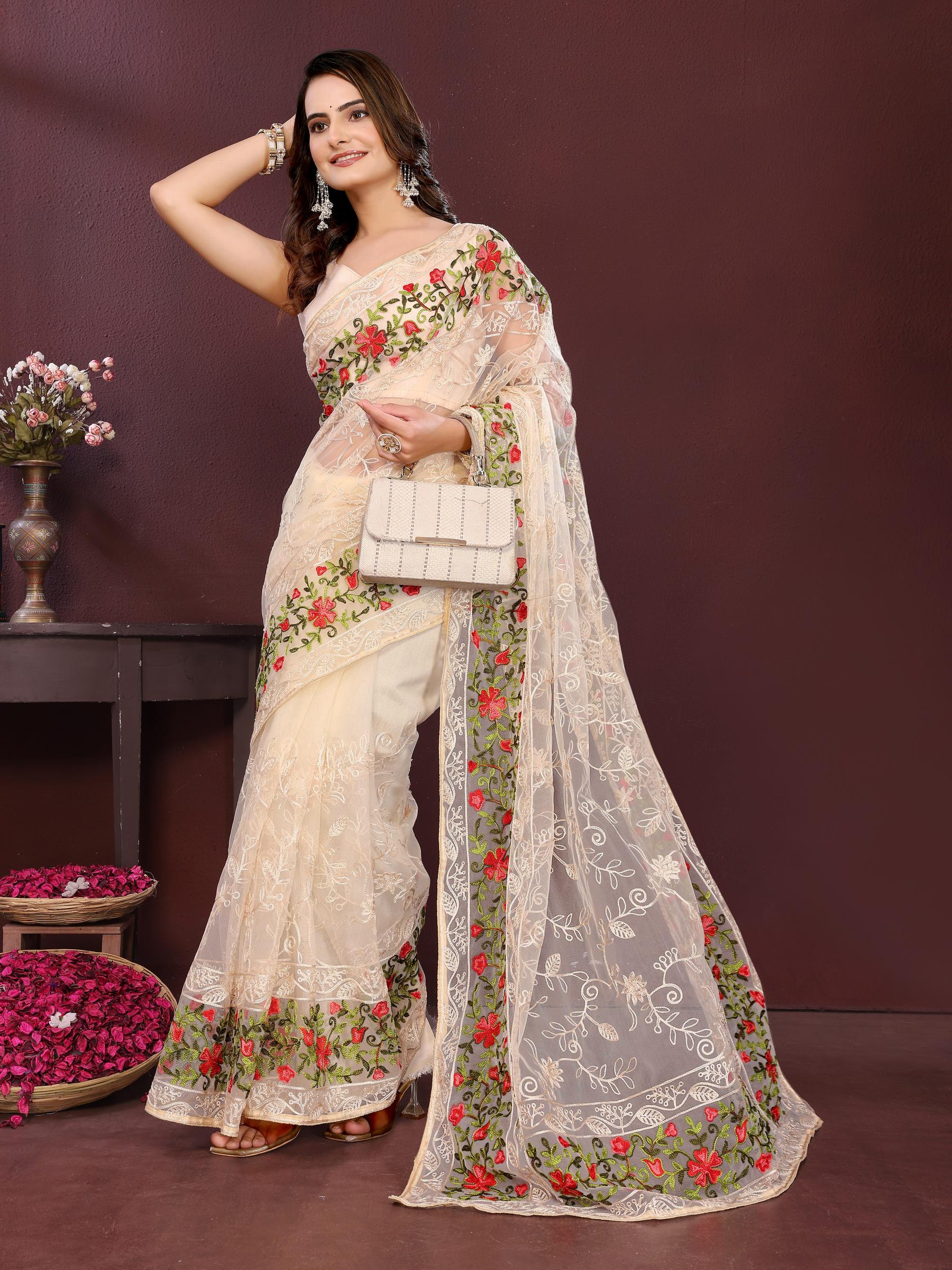 Beige Net Saree