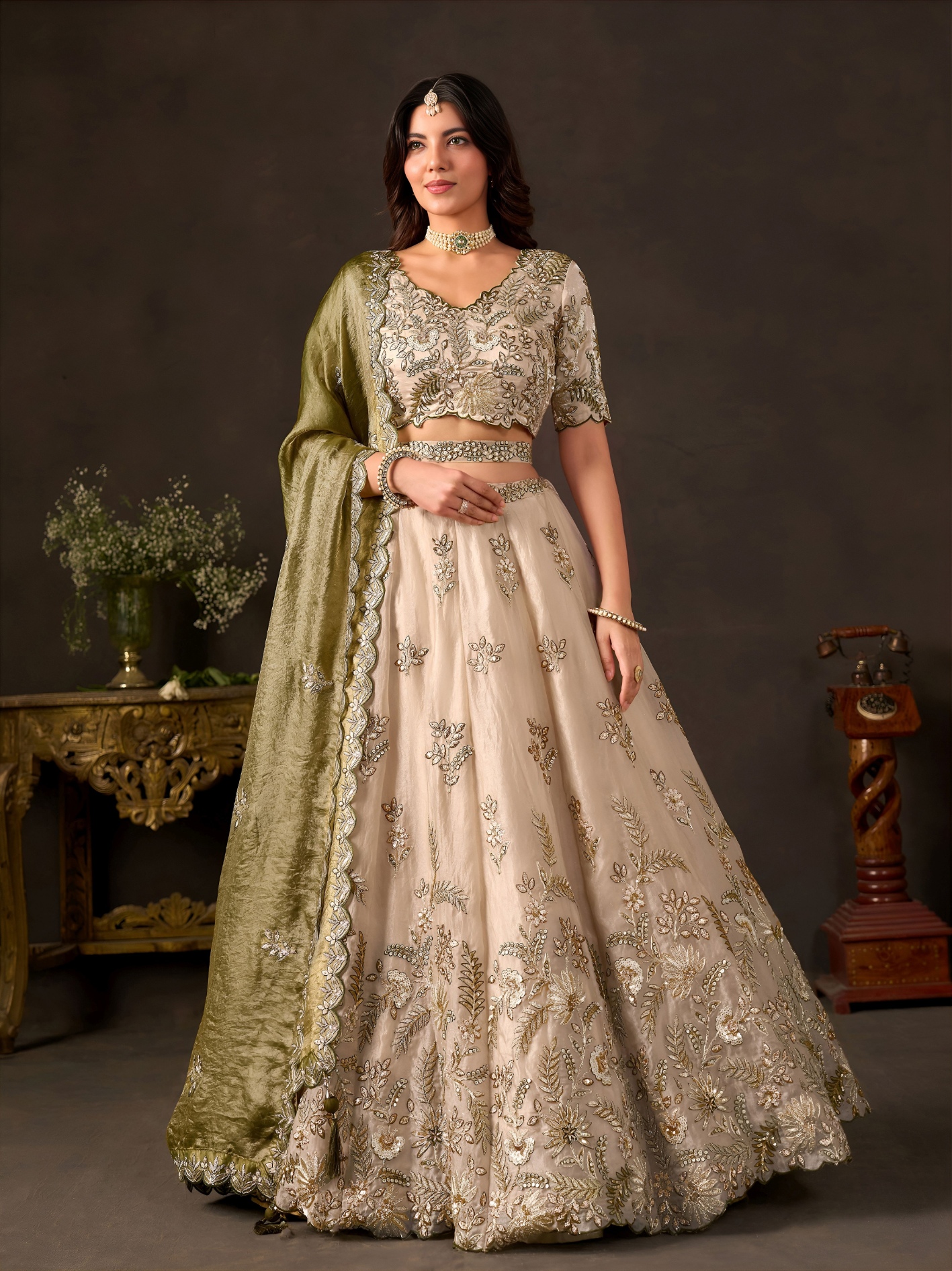 Beige Olive Zari Fendy Bridal Lehenga Choli