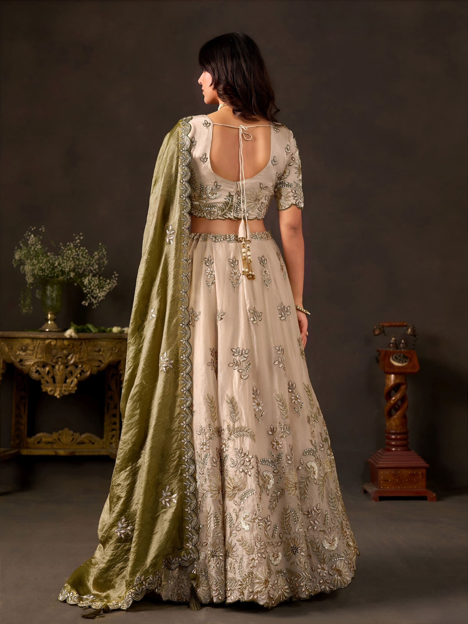 Beige Olive Zari Fendy Bridal Lehenga Choli — alternate view