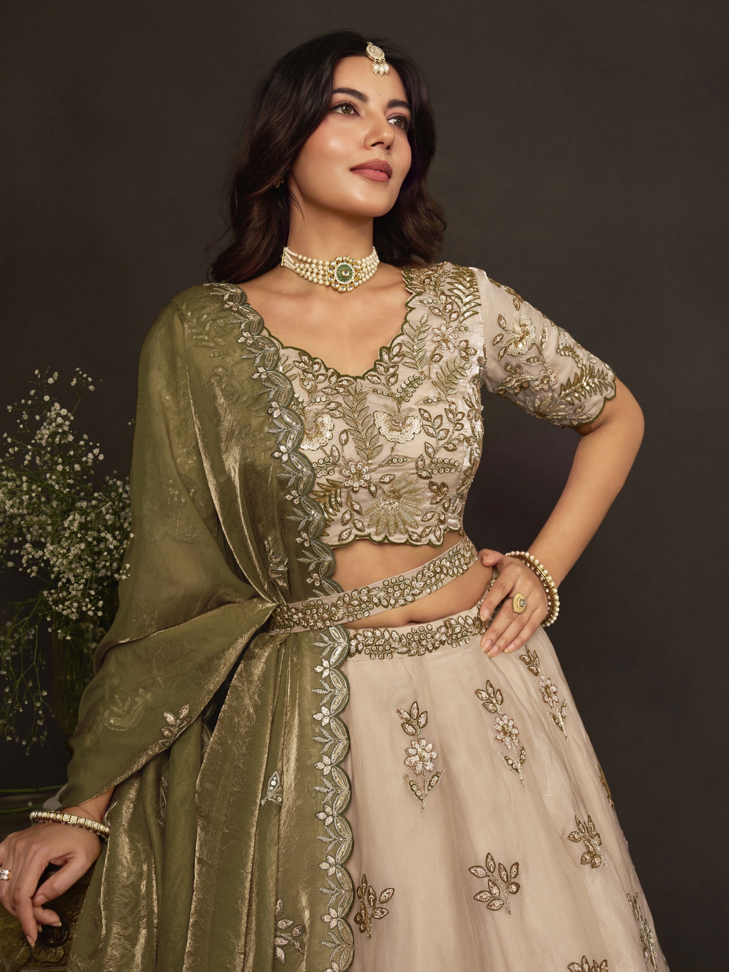 Beige Olive Zari Fendy Bridal Lehenga Choli