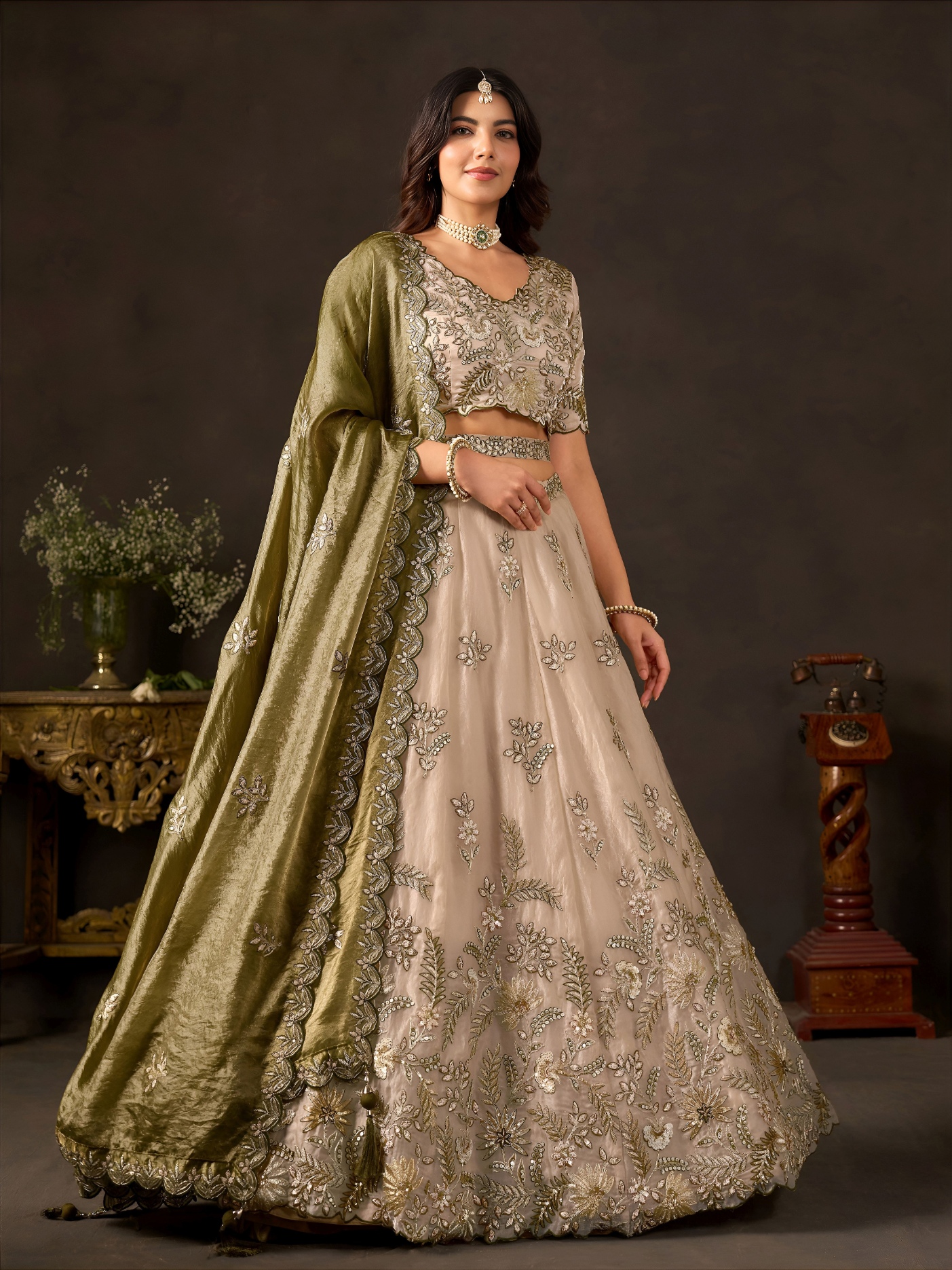 Beige Olive Zari Fendy Bridal Lehenga Choli