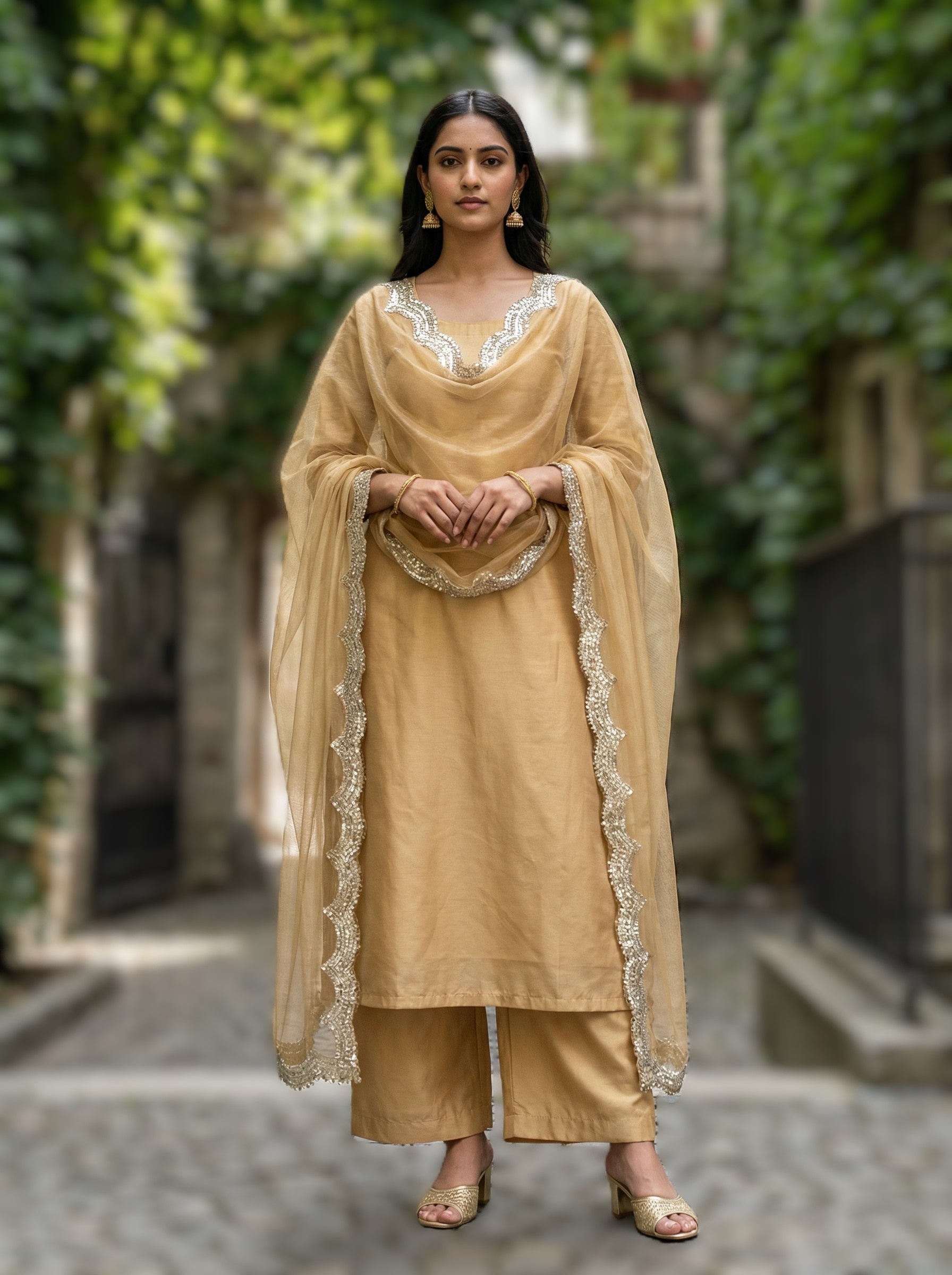 Beige Organza Designer Printed Dupatta