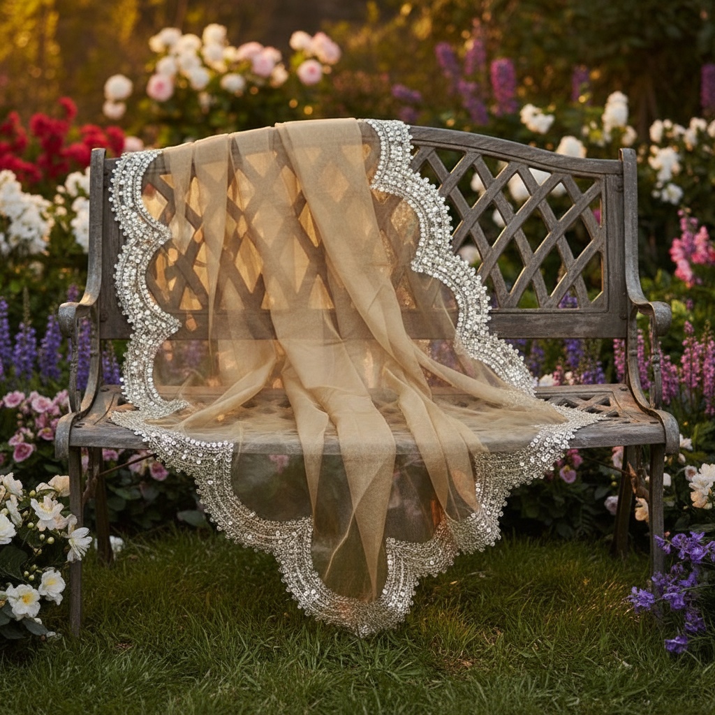 Beige Organza Designer Printed Dupatta