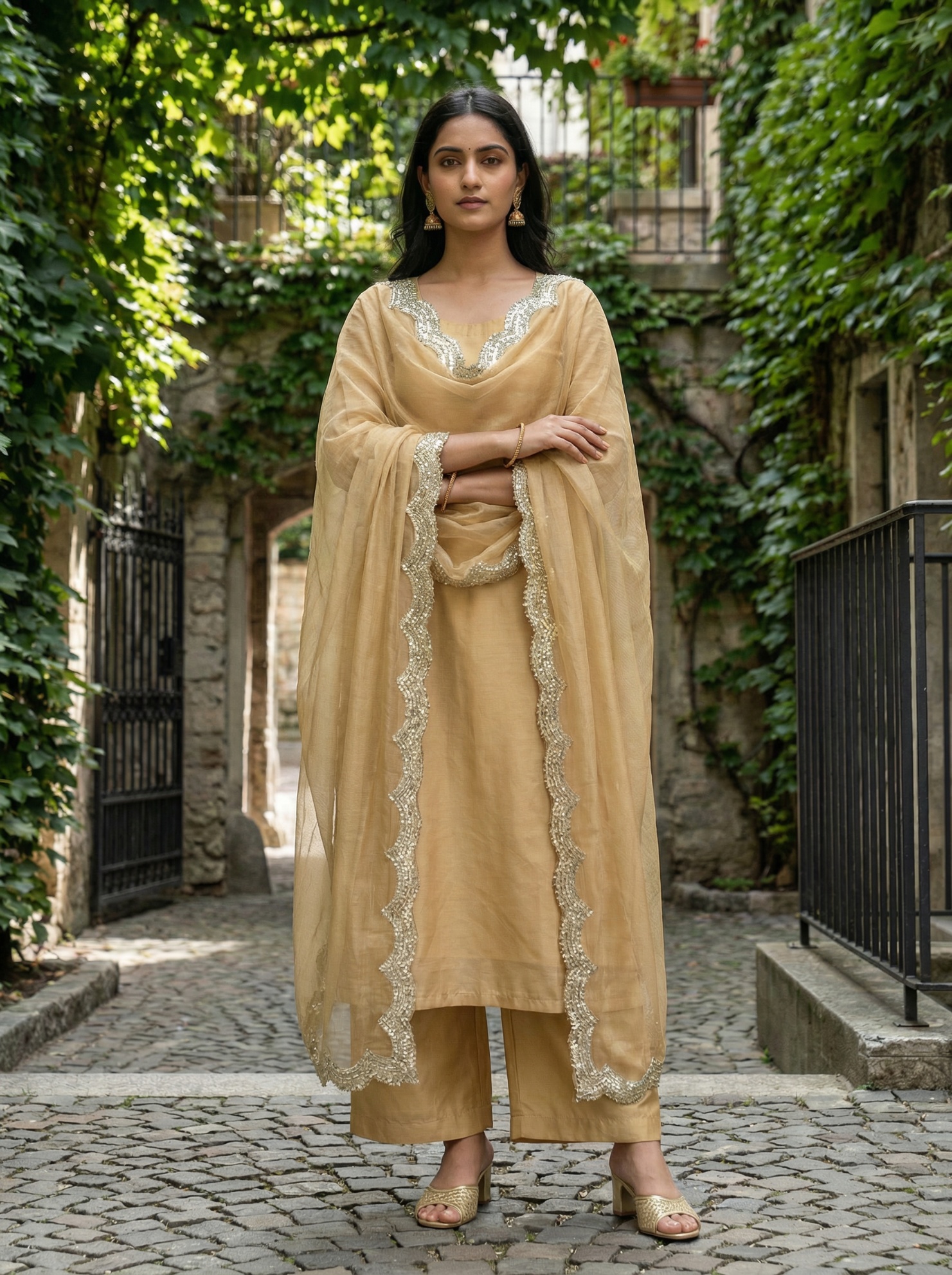 Beige Organza Designer Printed Dupatta