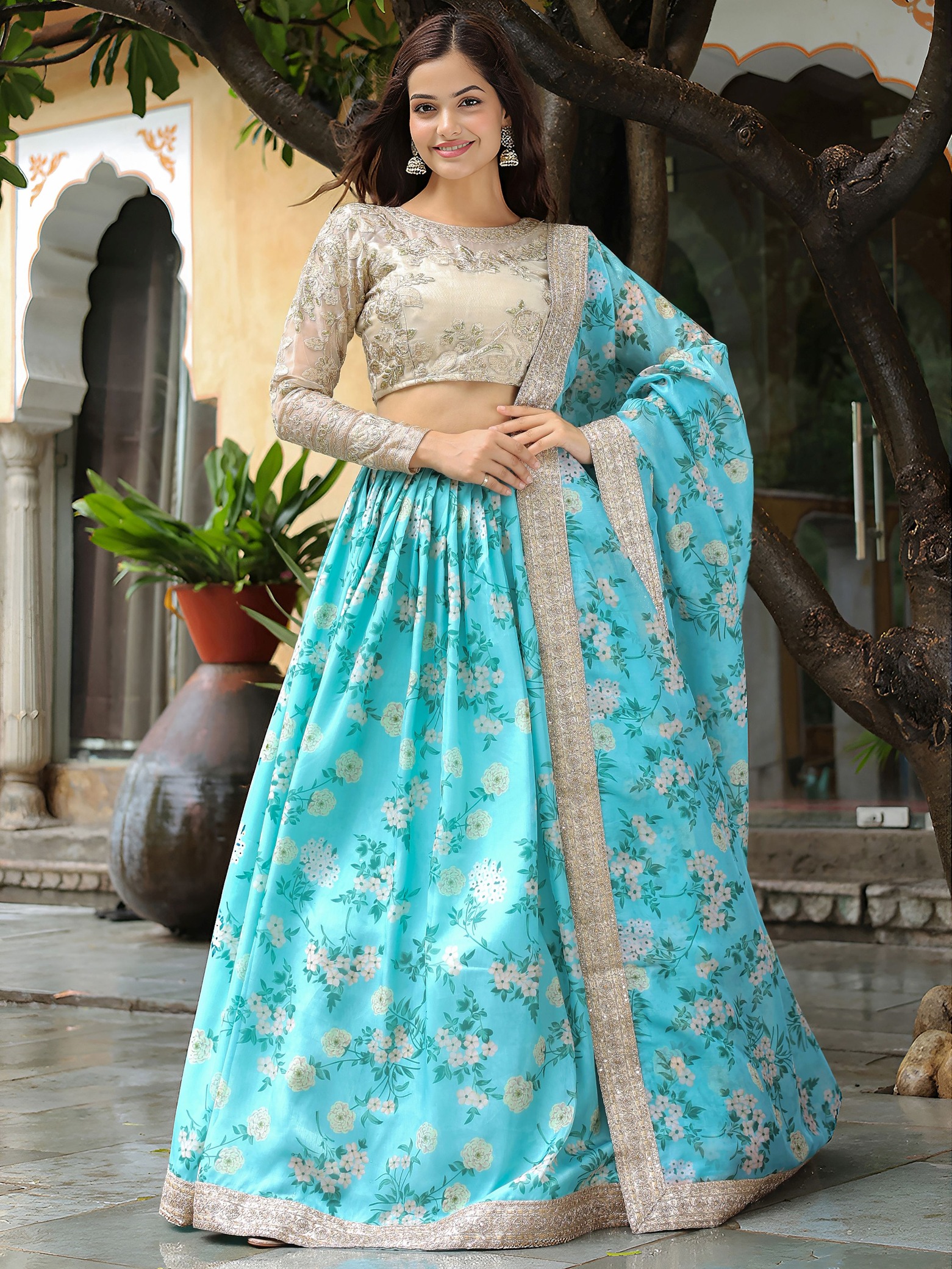 Beige Organza Pastel Bloom Flared Lehenga Choli