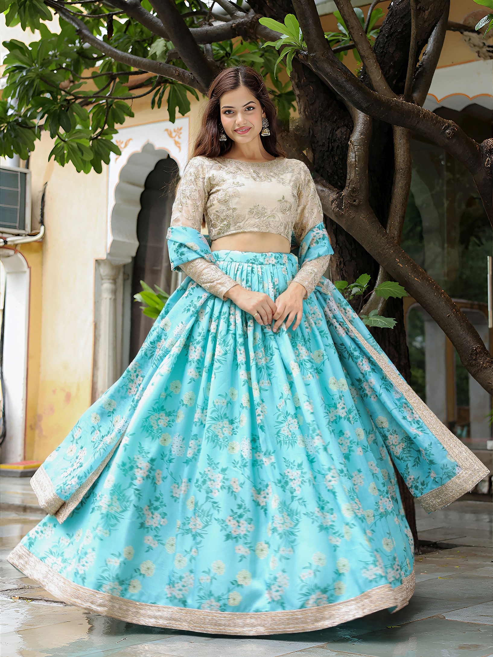 Beige Organza Pastel Bloom Flared Lehenga Choli