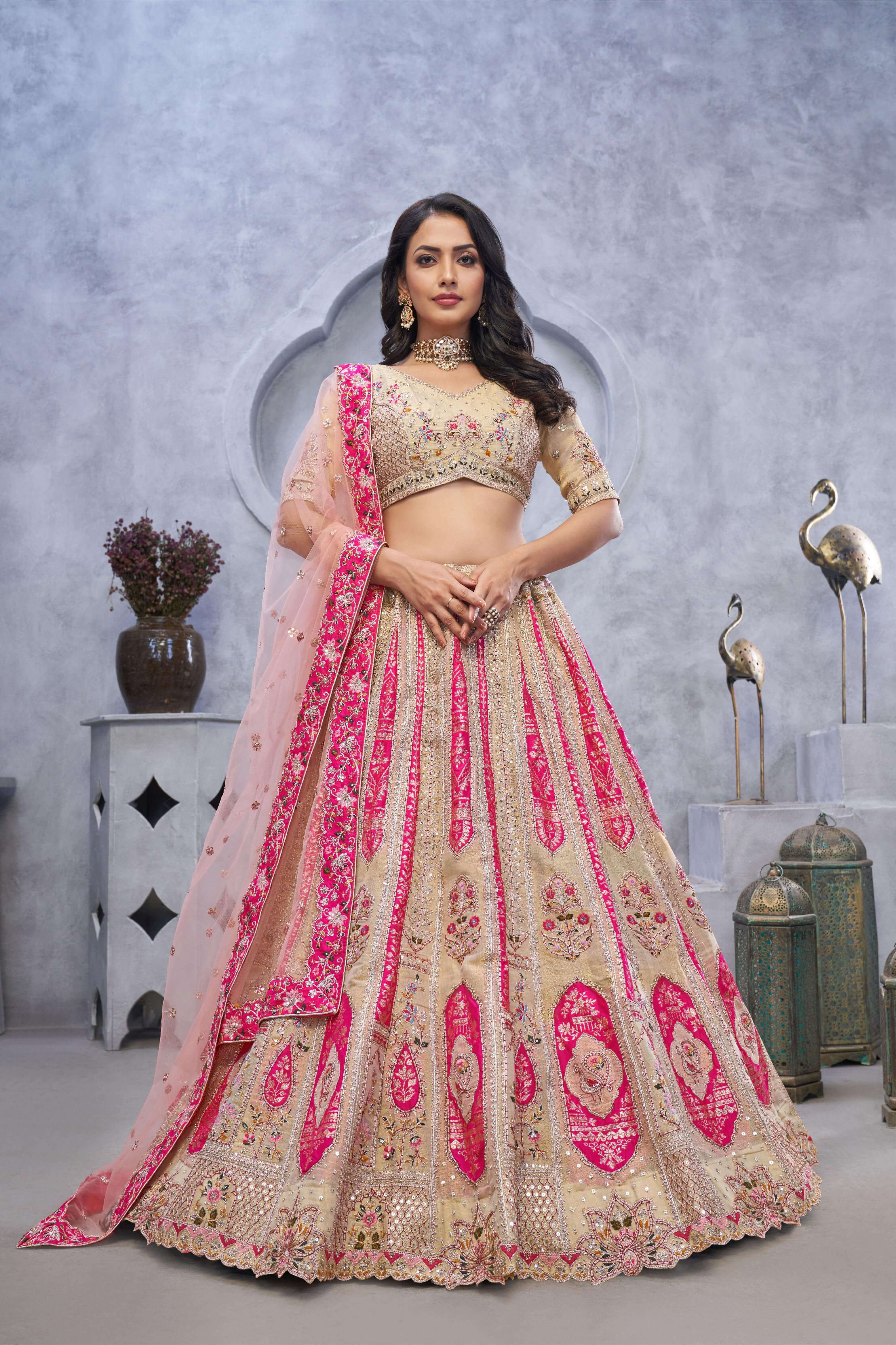 Beige Organza Silk Wedding Lehenga