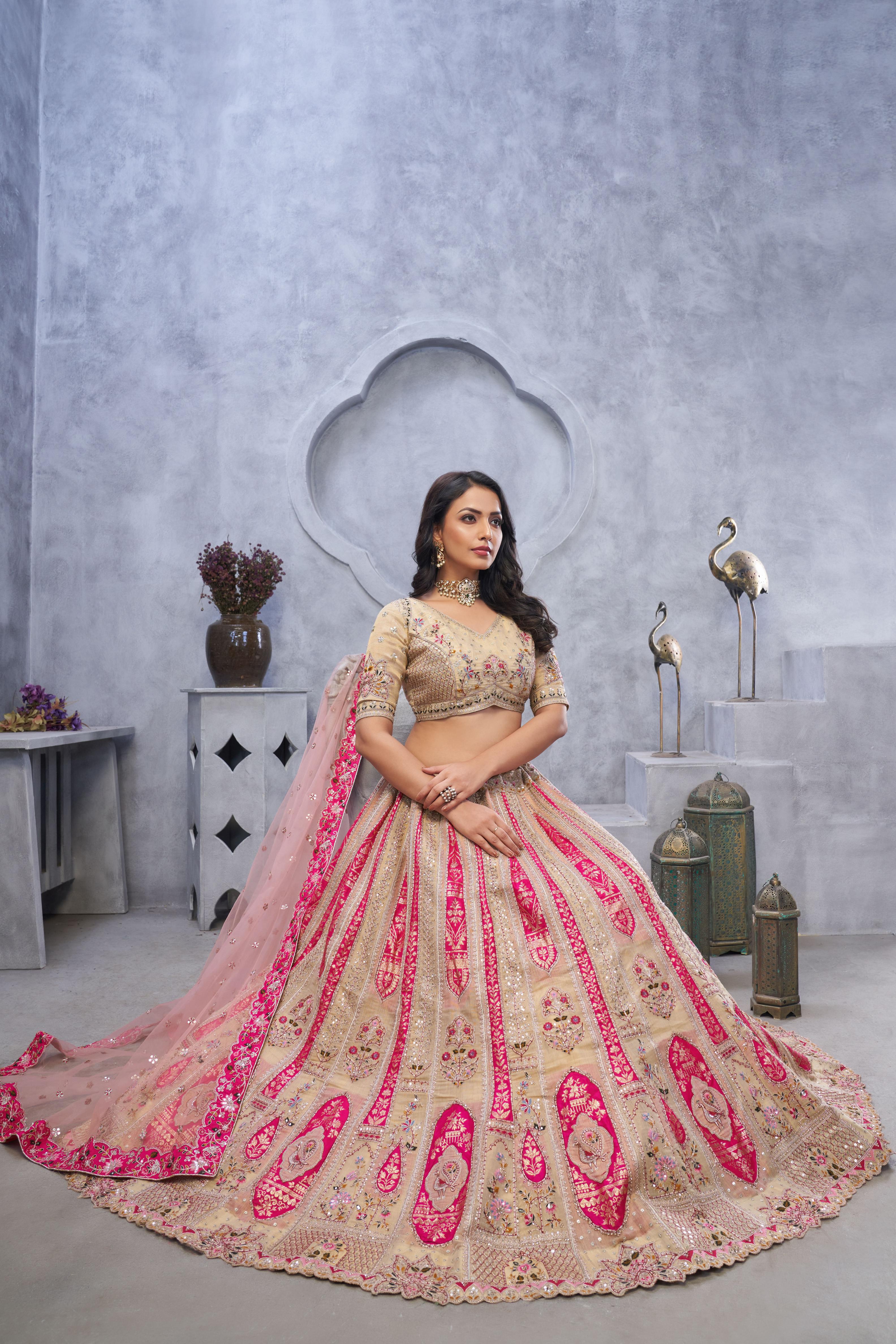 Beige Organza Silk Wedding Lehenga