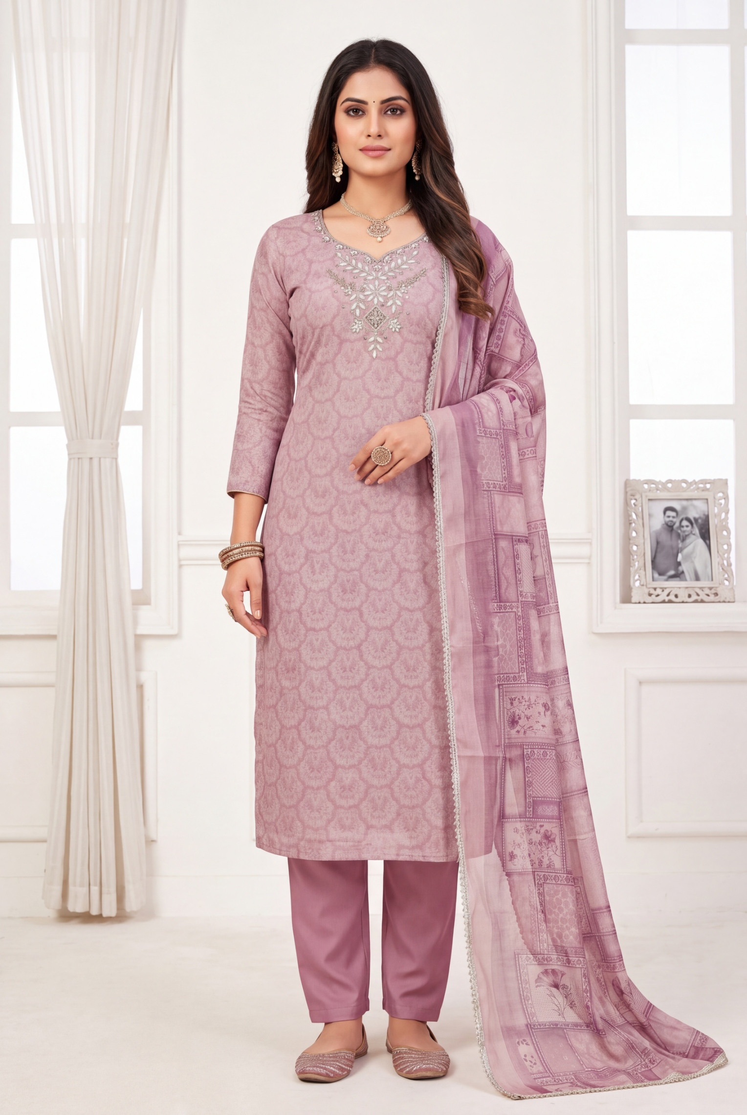 Beige Paisley Hand Work Shimmer Lilen Straight Suit