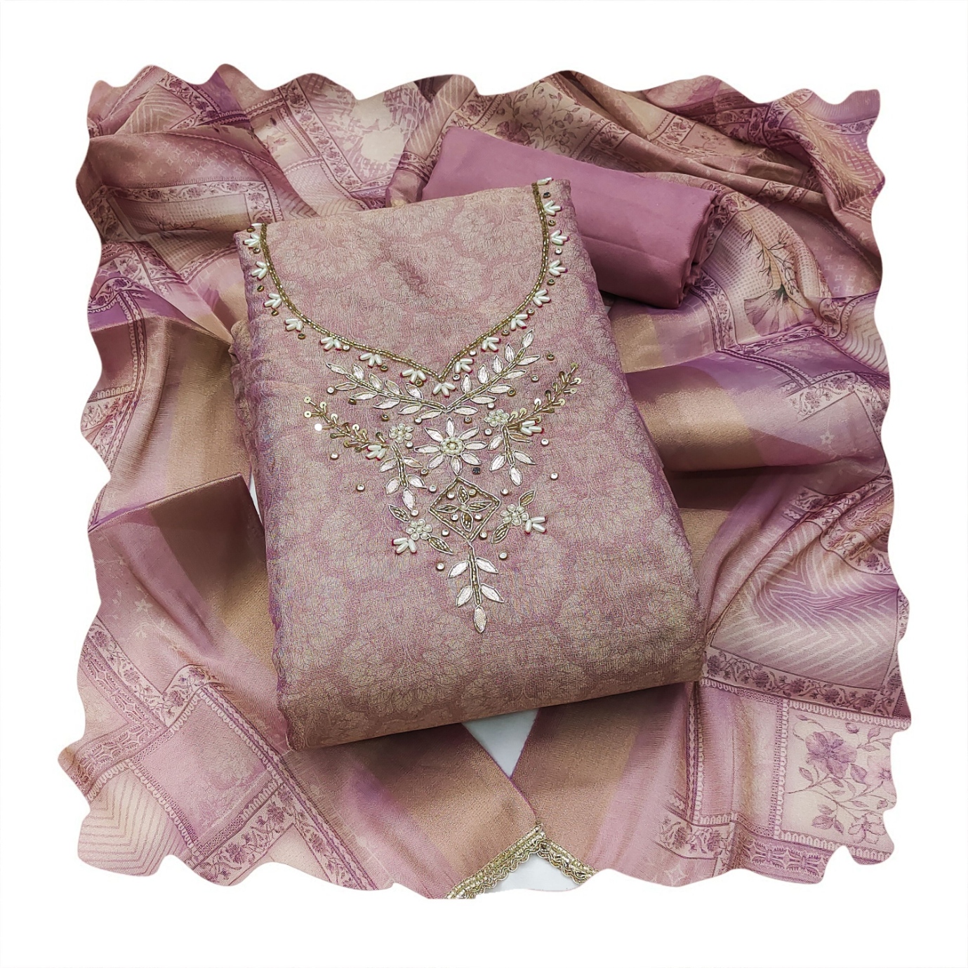 Beige Paisley Hand Work Shimmer Lilen Straight Suit — alternate view