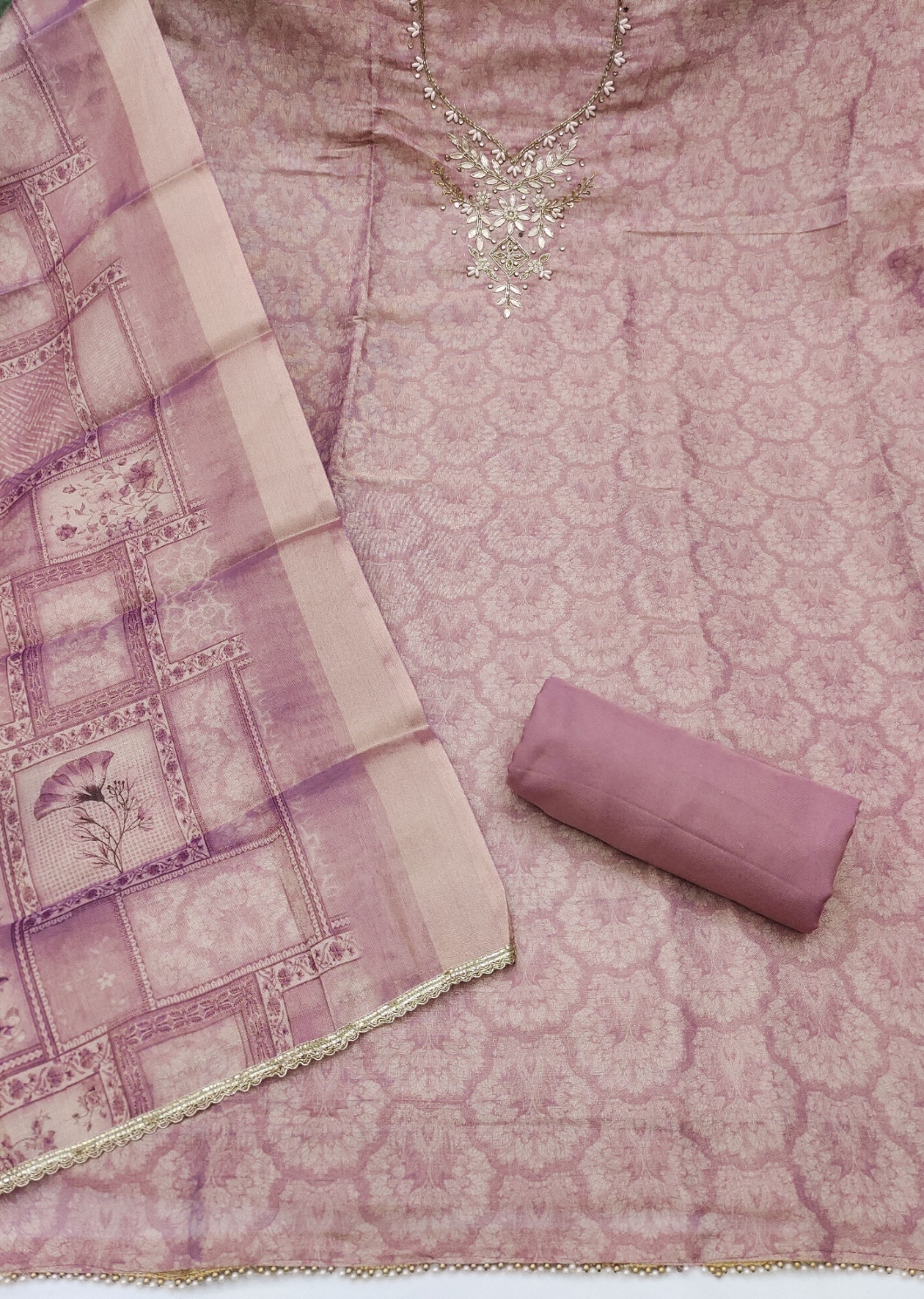 Beige Paisley Hand Work Shimmer Lilen Straight Suit