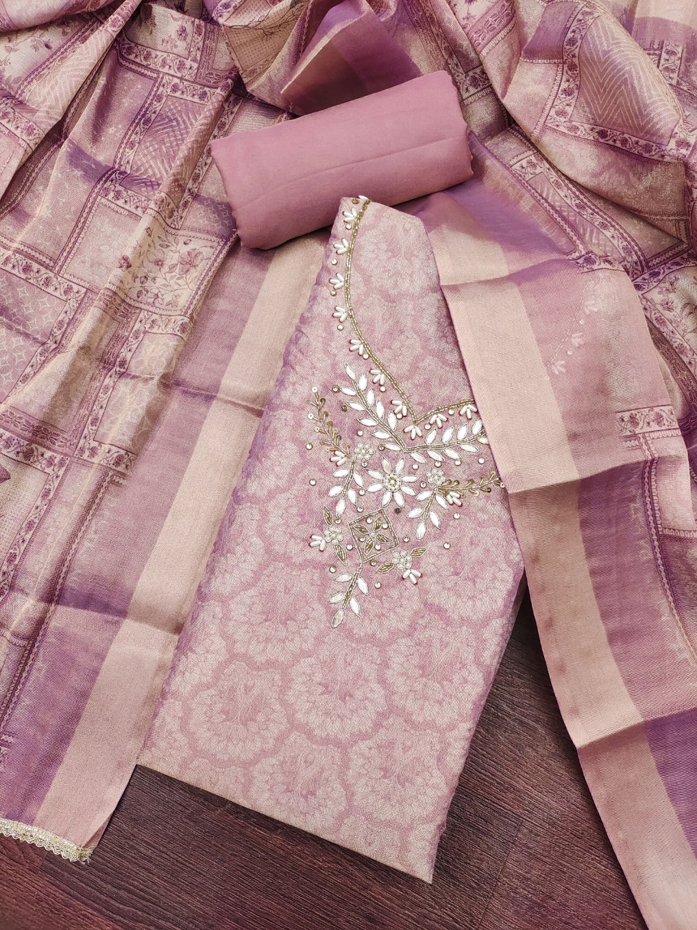 Beige Paisley Hand Work Shimmer Lilen Straight Suit
