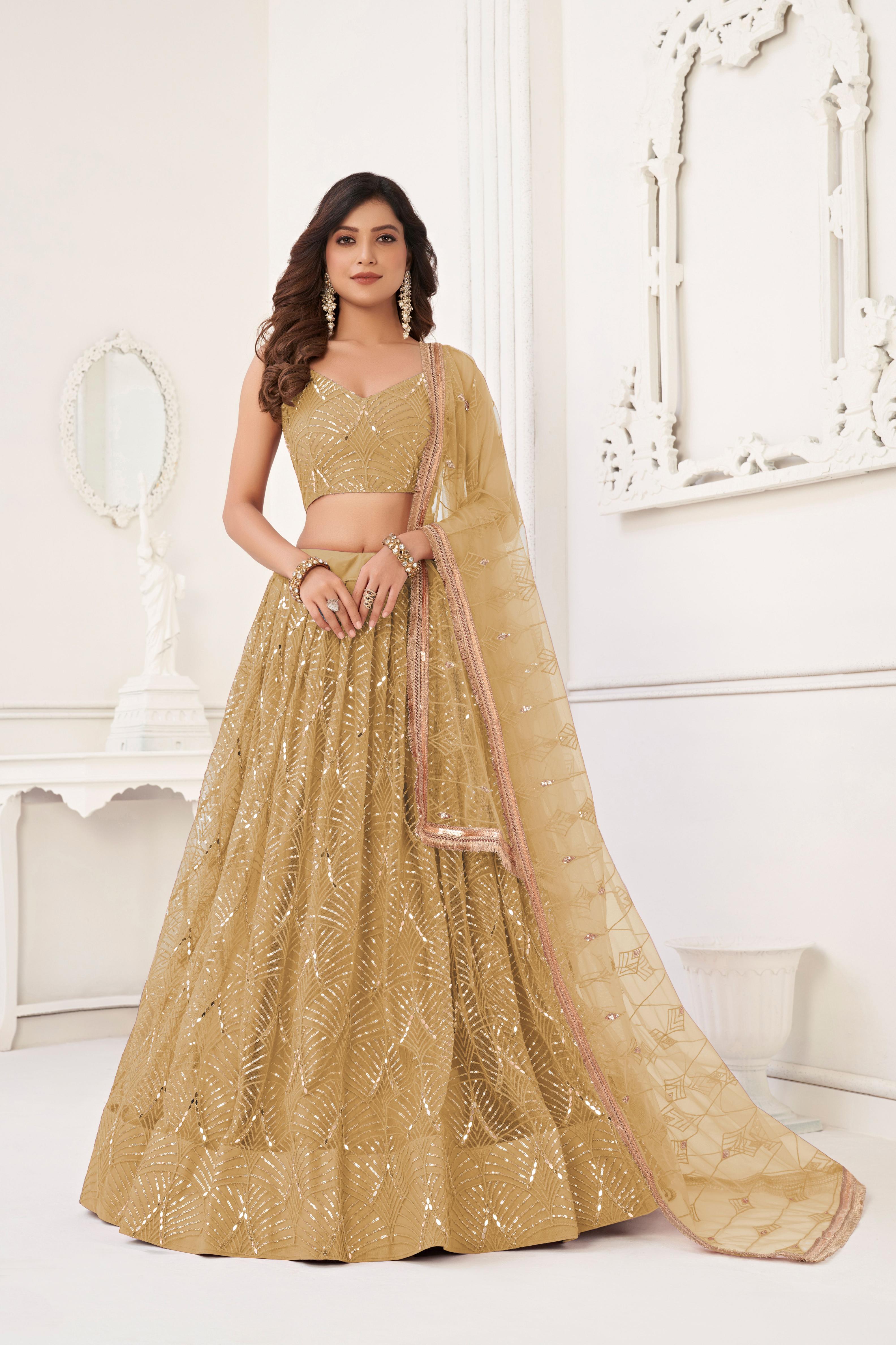 Beige Party Wear Butterfly Net Lehenga