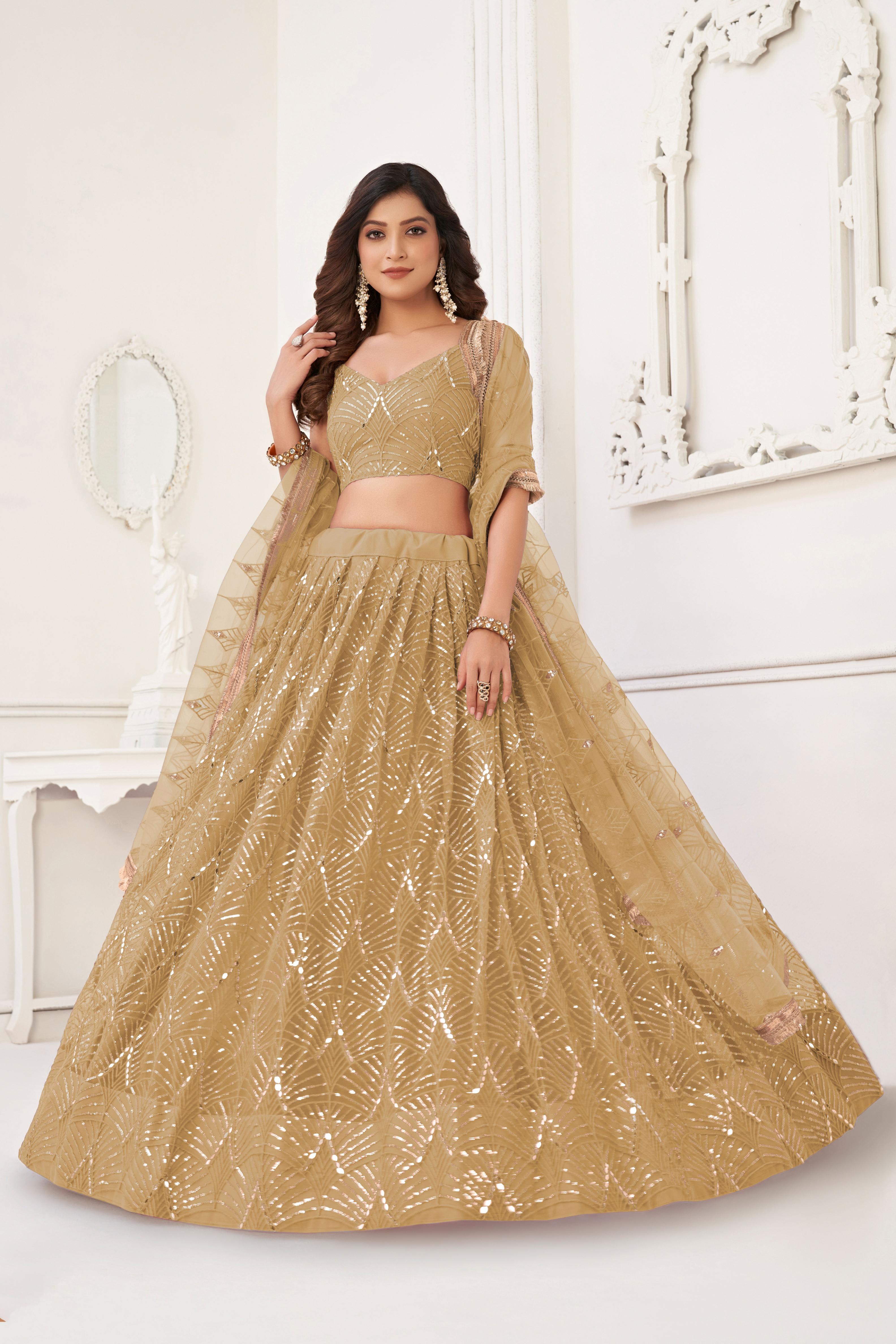 Beige Party Wear Butterfly Net Lehenga