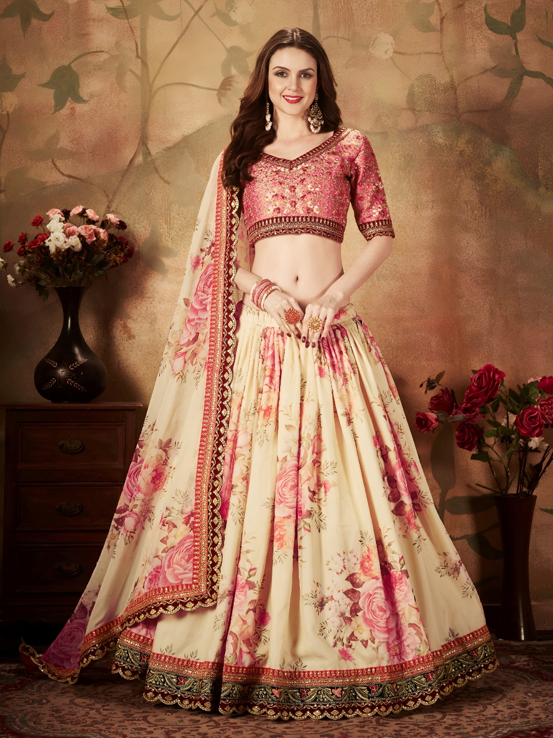 Beige Peach Floral Organza Lehenga Choli