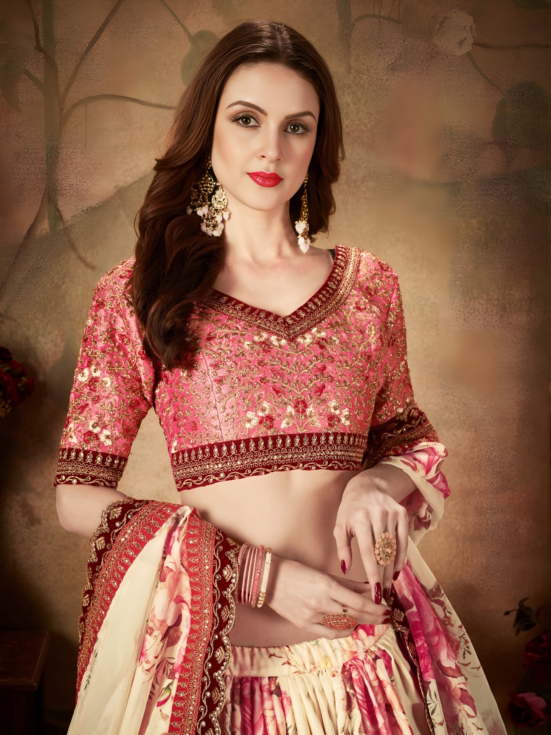 Beige Peach Floral Organza Lehenga Choli
