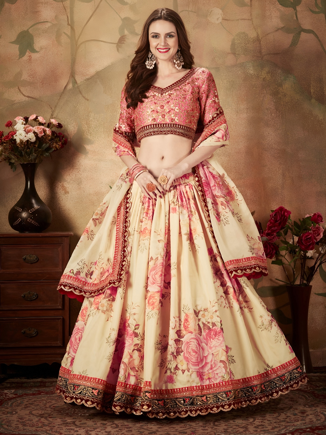 Beige Peach Floral Organza Lehenga Choli