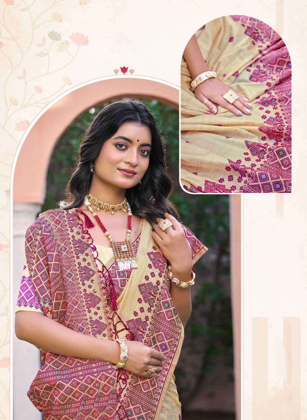 Beige Pink Geometric Woven Assam Silk Saree — alternate view
