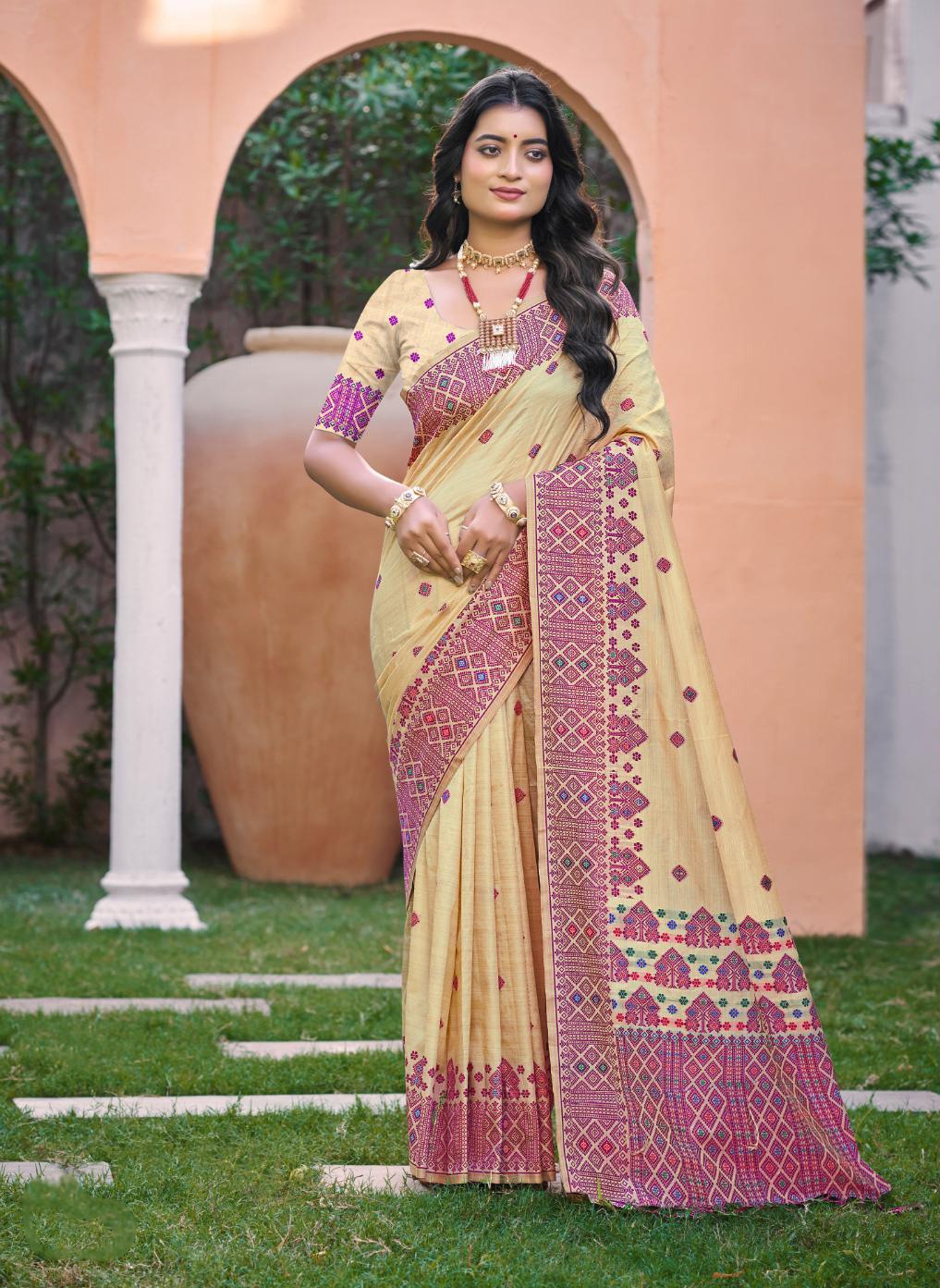 Beige Pink Geometric Woven Assam Silk Saree