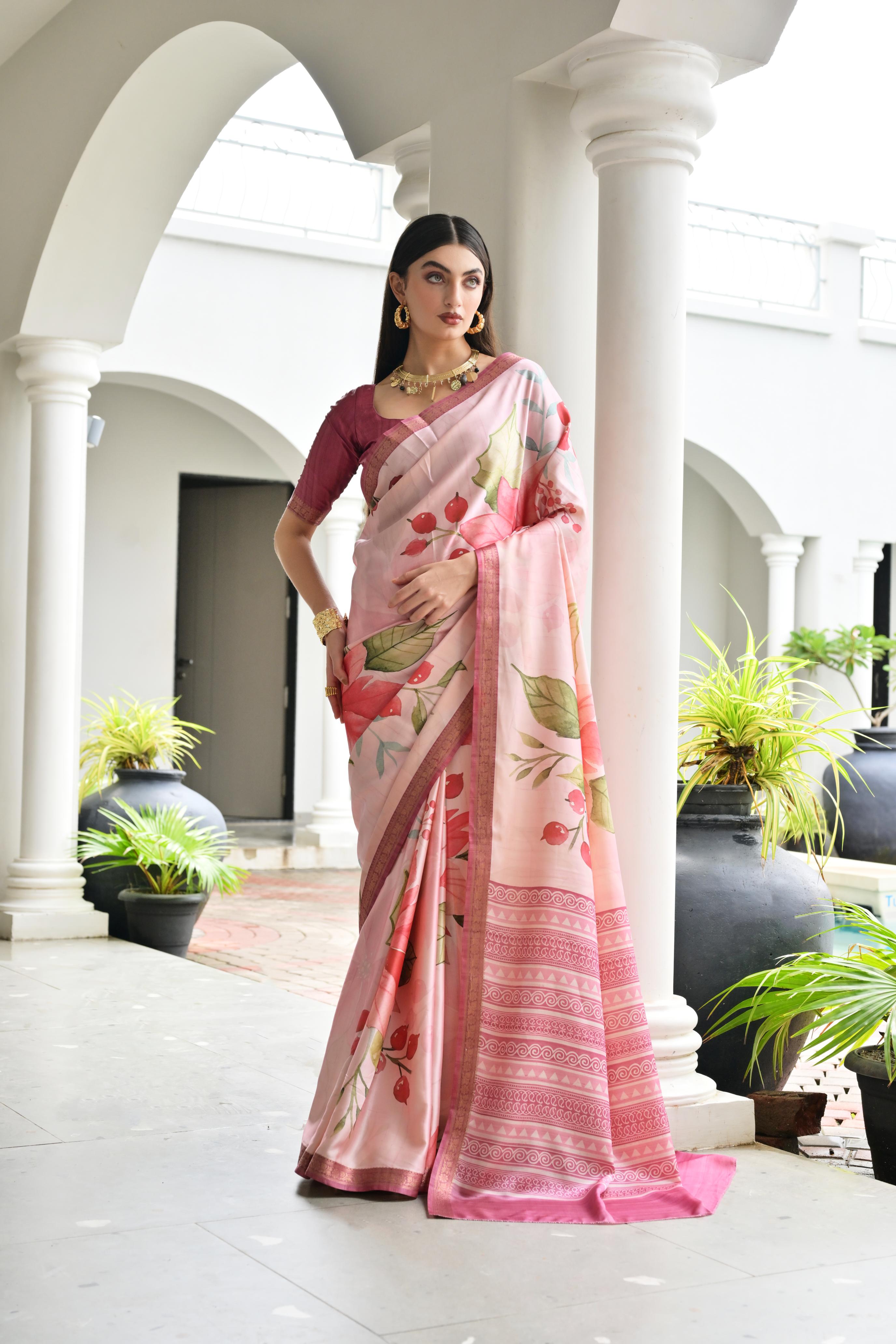 Beige Pink Printed Woven Satin Silk Saree